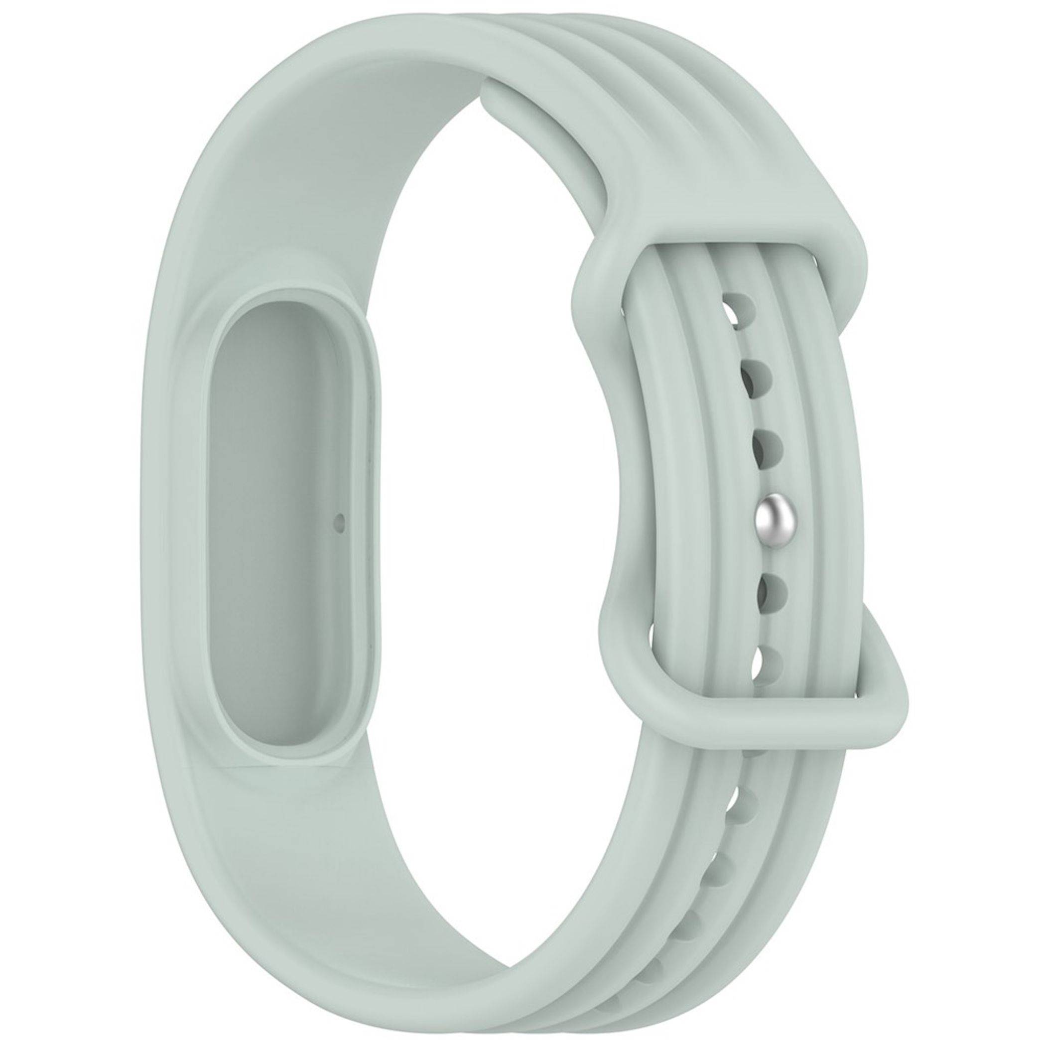 Hellgraues Silikon-Smartwatch-Armband mit verstellbarem perforiertem Riemen und Metallstift-Verschluss.
