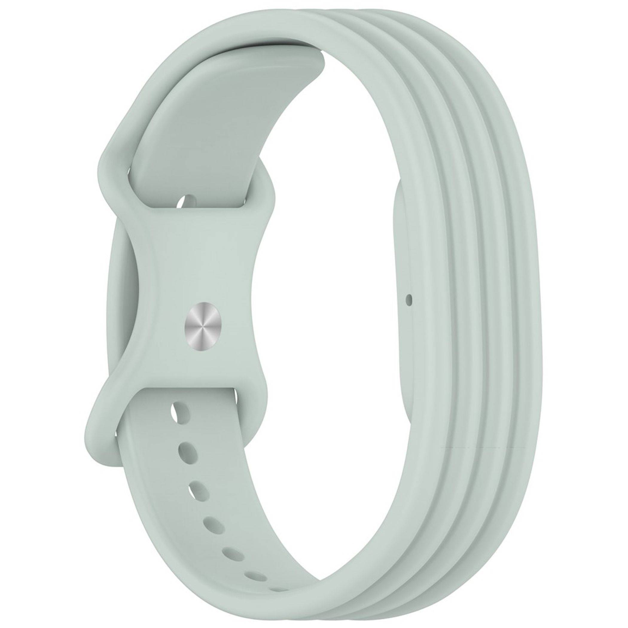 Hellgrünes Silikon-Armband mit Metallverschluss, isoliert auf weißem Hintergrund dargestellt.