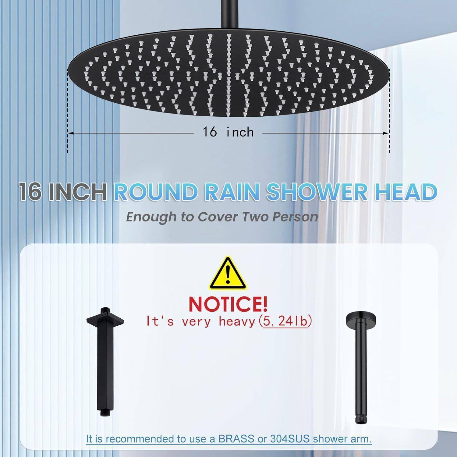 40CM Rund Regendusche Duschkopf Schwarz, 16 Zoll Wasserfall Duschkopf Wassersparend, Ganzmetall-Edelstahl 304, Decken Regenduschköpfe mit 230