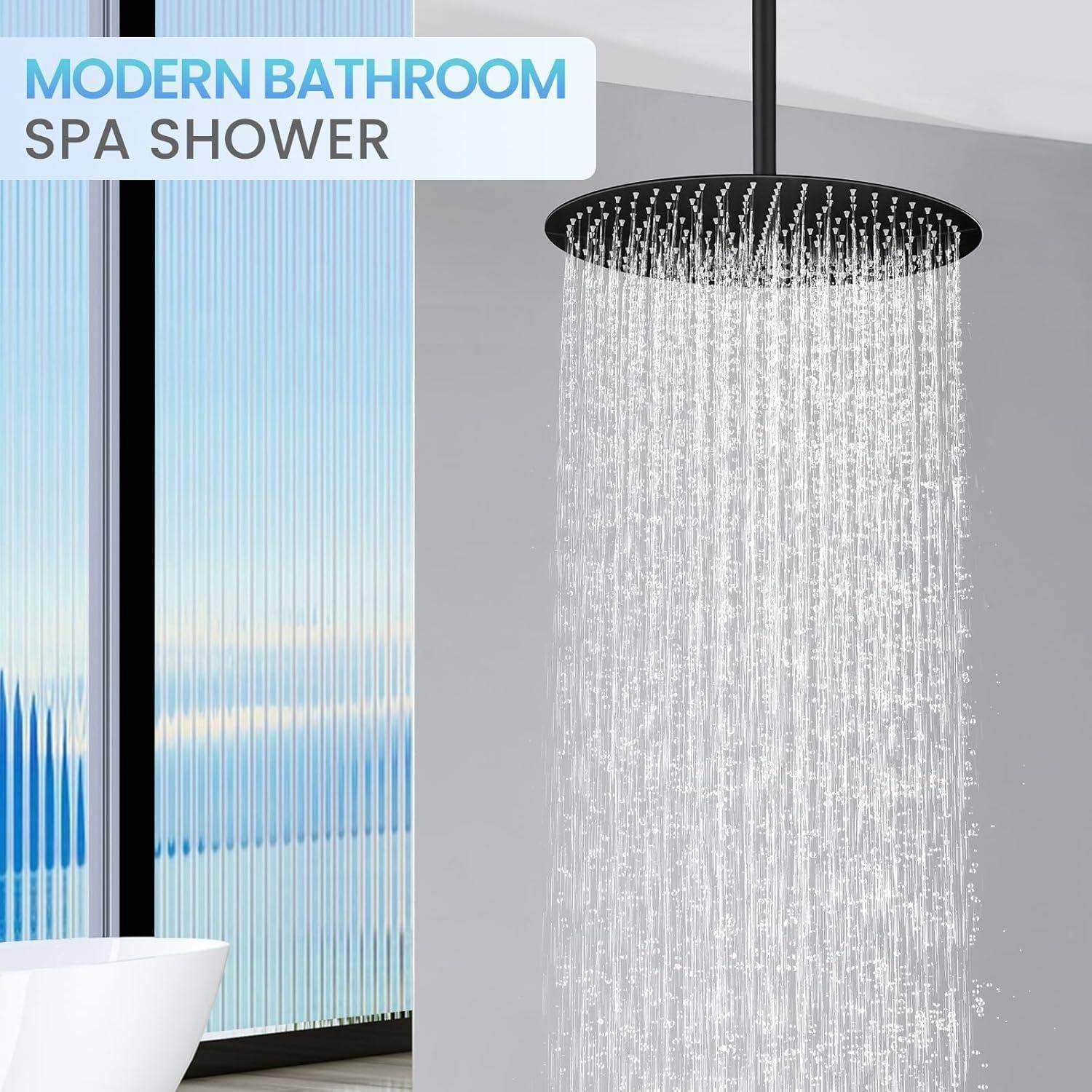 40CM Rund Regendusche Duschkopf Schwarz, 16 Zoll Wasserfall Duschkopf Wassersparend, Ganzmetall-Edelstahl 304, Decken Regenduschköpfe mit 230