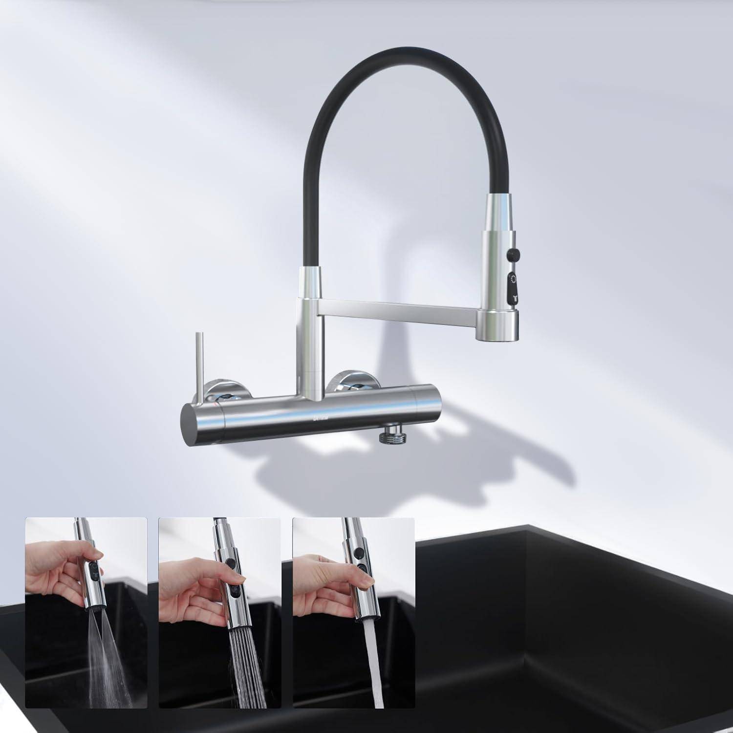 Wandmontierter Küchenmischer aus Chrom mit ausziehbarer Sprühbrause; drei Detailansichten zeigen die Umschaltung des Wasserstrahls von Sprüh- auf Strahlmodus.