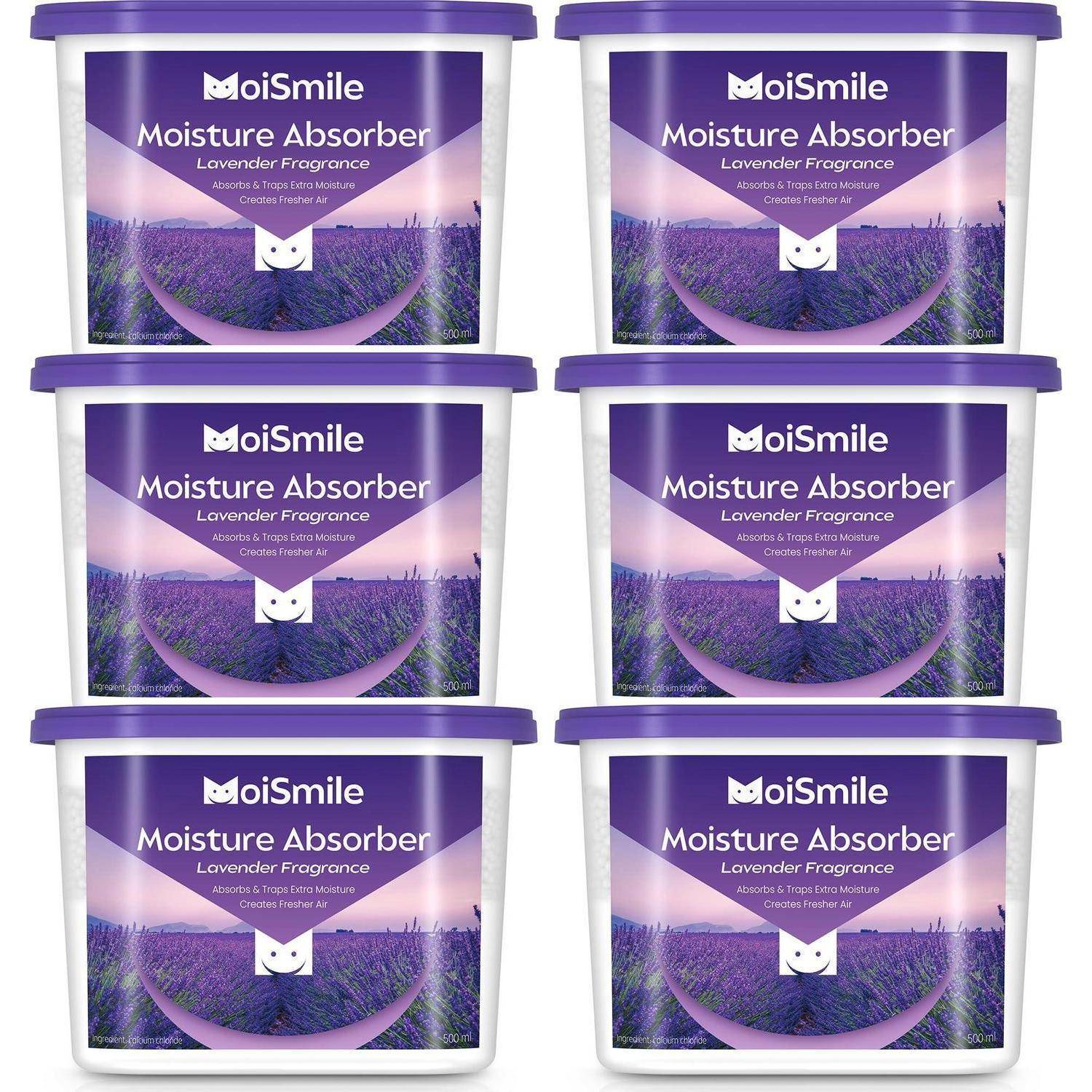 Sechs weiße MoiSmile Feuchtigkeitsabsorber-Behälter mit violetten Deckeln, beschriftet mit „Lavender Fragrance
