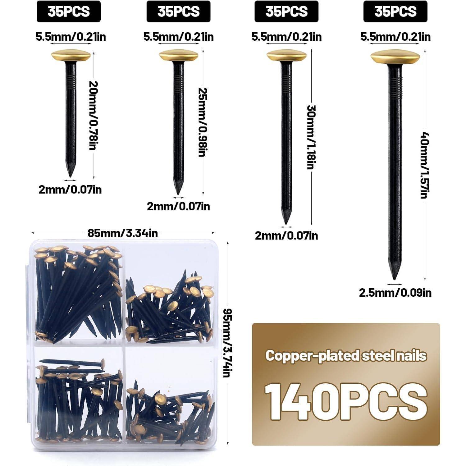 Produktgrößentabelle für 14er-Set kupferplattierte Stahlnägel, mit 35er-Sets in 20mm, 25mm, 30mm und 40mm Längen, plus Lagerkastengröße 85mm x 95mm.
