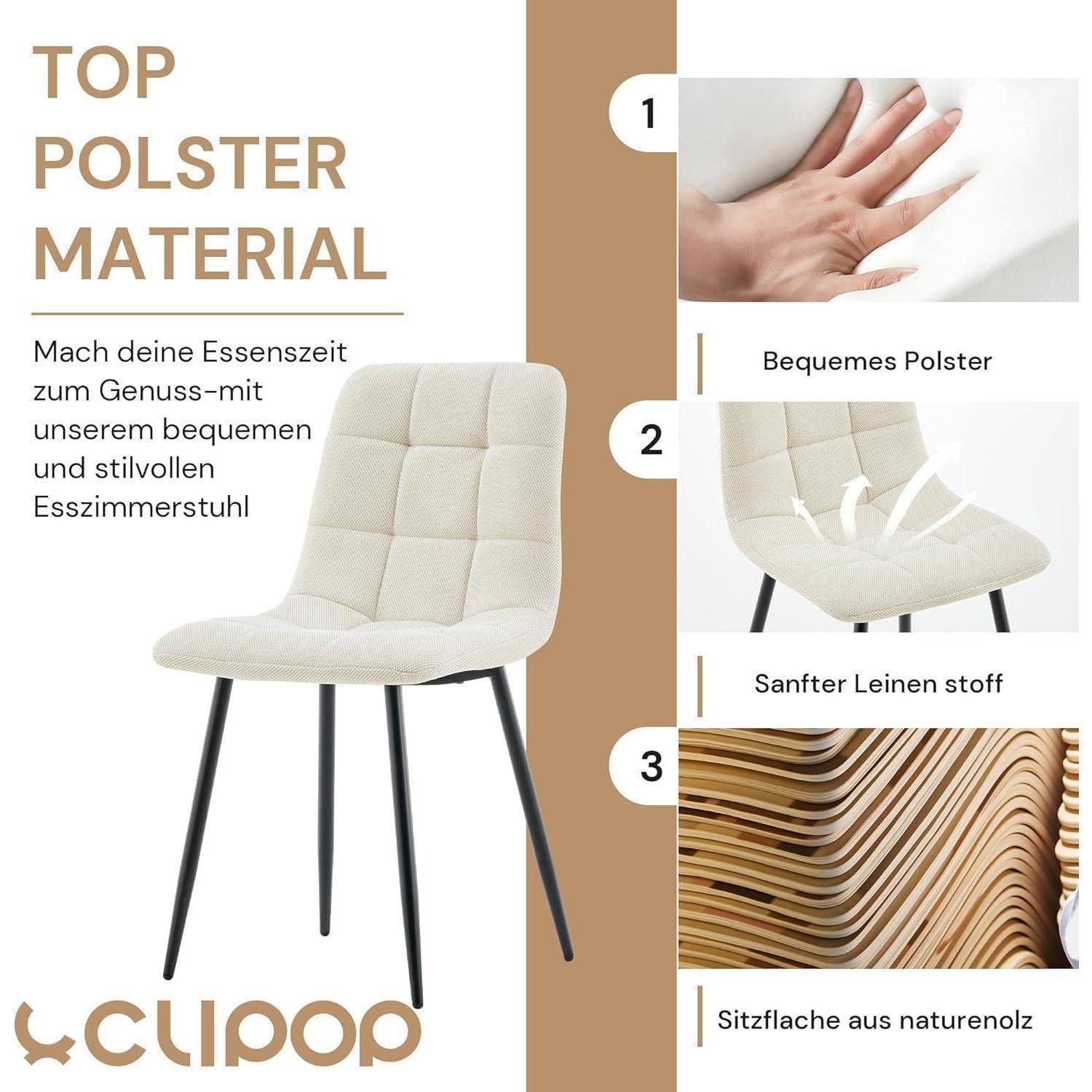 Infografik für einen Clipop Esszimmerstuhl mit "Top Polster Material"" und drei Merkmale: bequemes Polster, weiches Leinenstoff und eine natürliche Holzsitzbasis.
