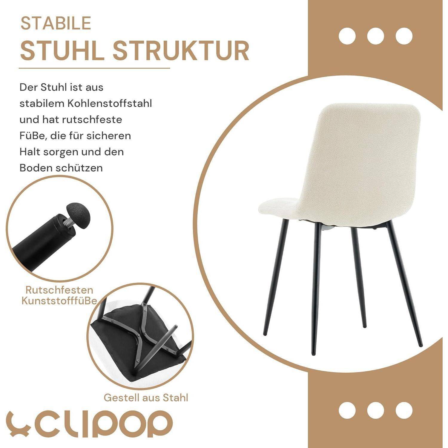 Produktgrafik eines beigefarbenen Stuhls mit schwarzen Stahlbeinen, die die "stabile Stahlstruktur"", rutschfeste Kunststofffüße und Details des Stahlrahmens hervorhebt.