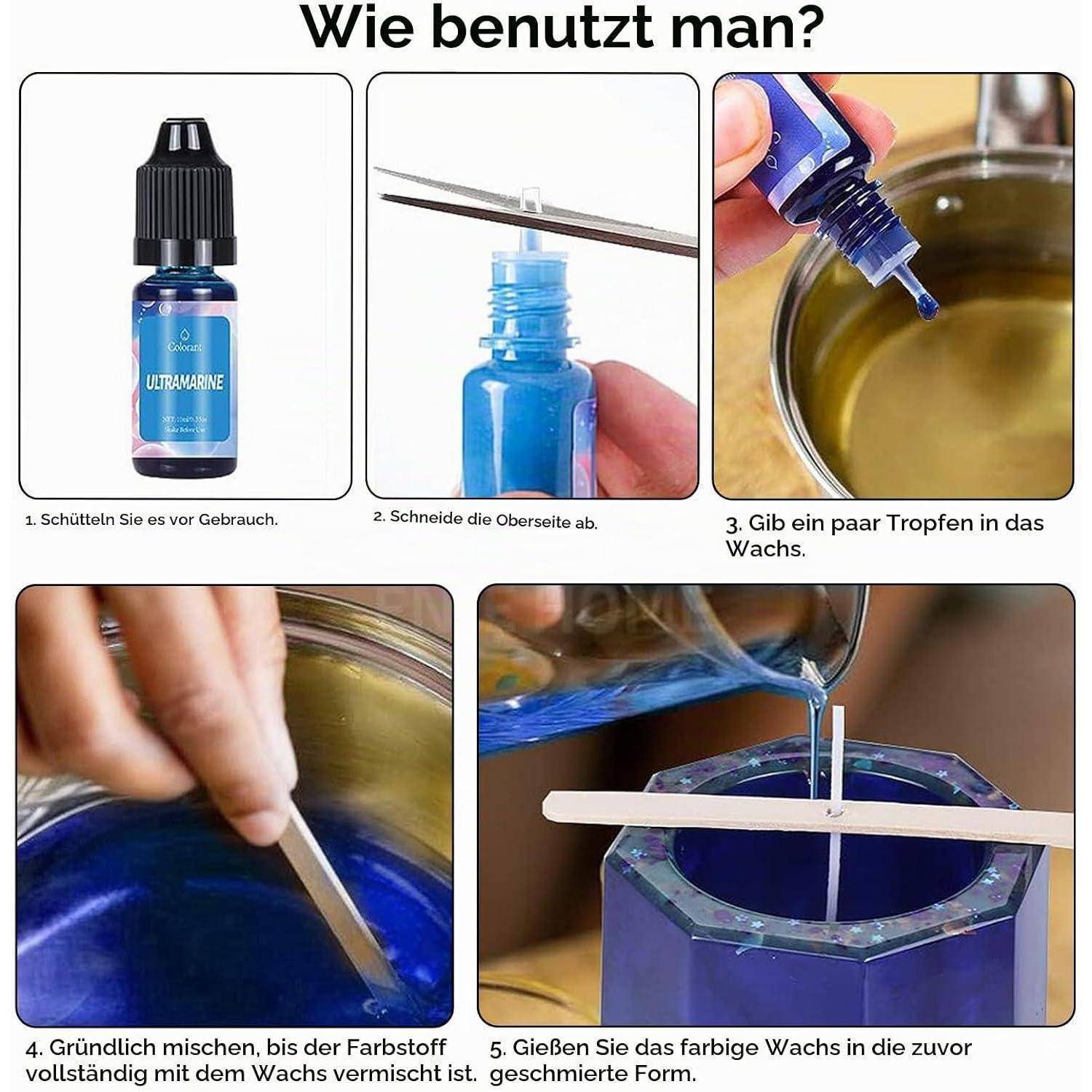 Kerzenfarbe Set, 12 Farben Flüssiger Kerzenfarbstoff für Kerzenherstellung, mit 10 Kerzendocht & 2 Dochthalter - für Bienenwachs, Sojawachs, Paraff