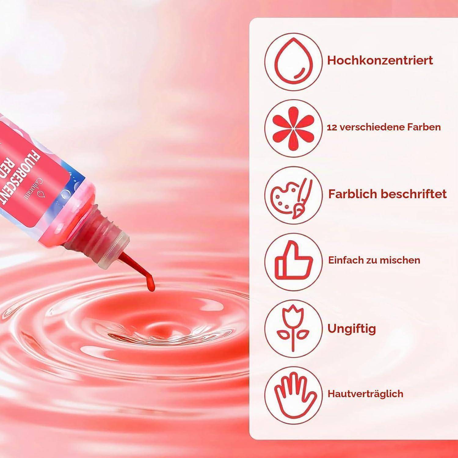 Rote Flüssigfarbe tropft in Wasser, mit Beschriftungen, die konzentriert, 12 Farben, klar gekennzeichnet, leicht zu mischen, ungiftig und hautfreundlich hervorheben.