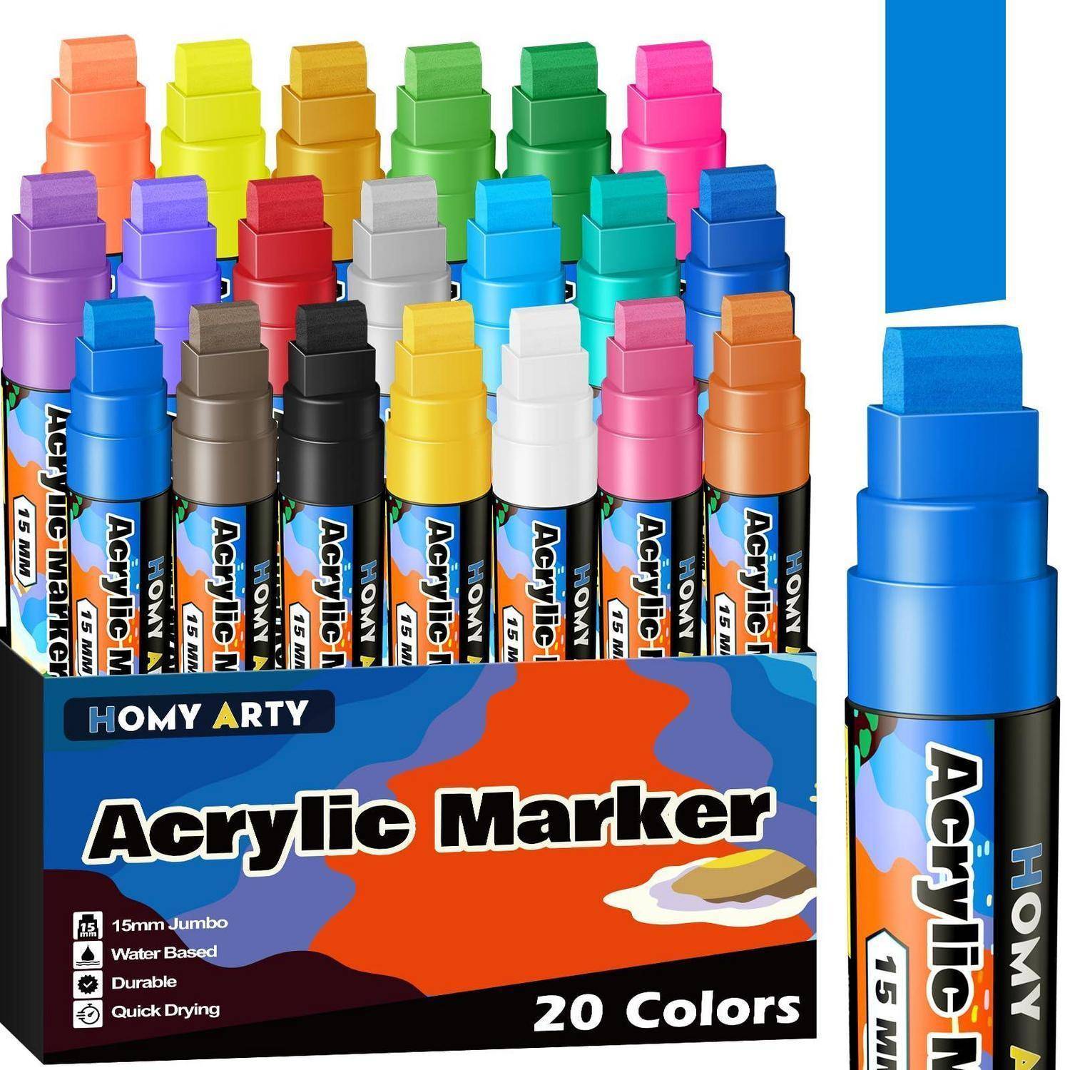 Schachtel Homy Arty Acrylmarker, 20 Farben, mit einem großen blauen Marker auf der rechten Seite und verschiedenen Markerfarben, die in der Packung angezeigt werden.