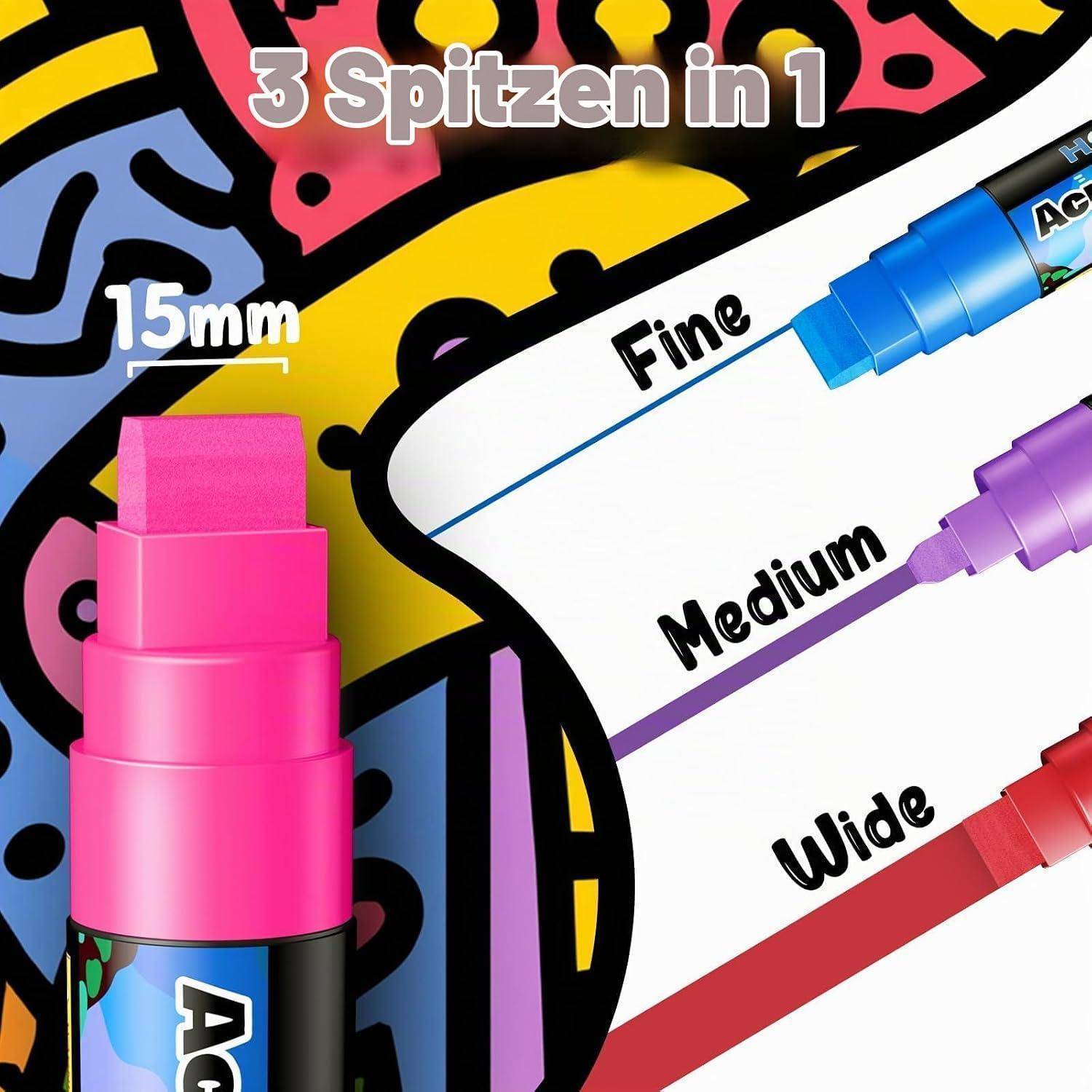 Farbenfrohe Marker-Anzeige mit der Aufschrift „3 Spitzen in 1