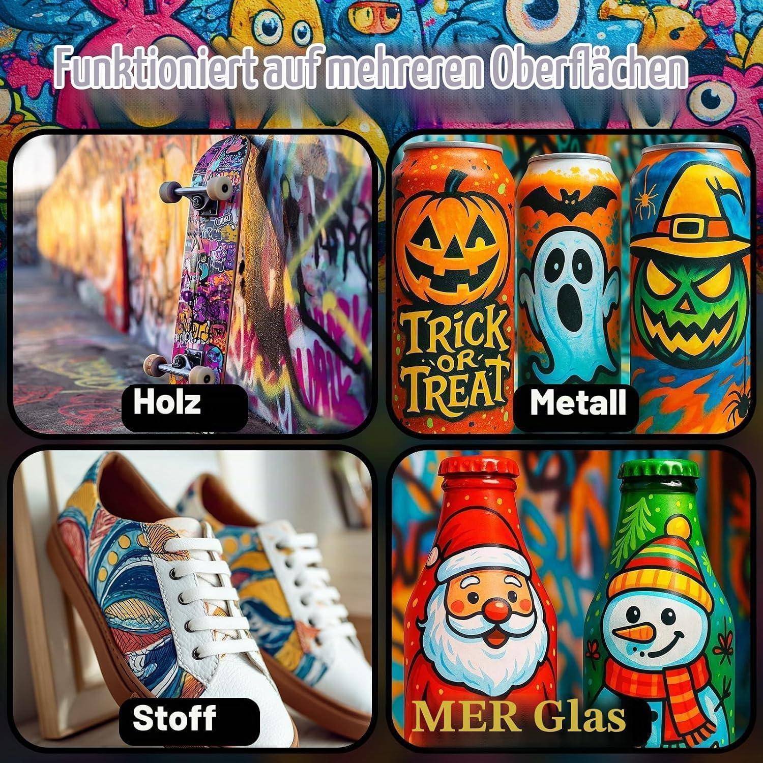 Grafik zeigt benutzerdefinierte Kunstwerke auf mehreren Oberflächen: Holz, Metall, Stoff und Glas, jeweils mit Halloween-Designs.
