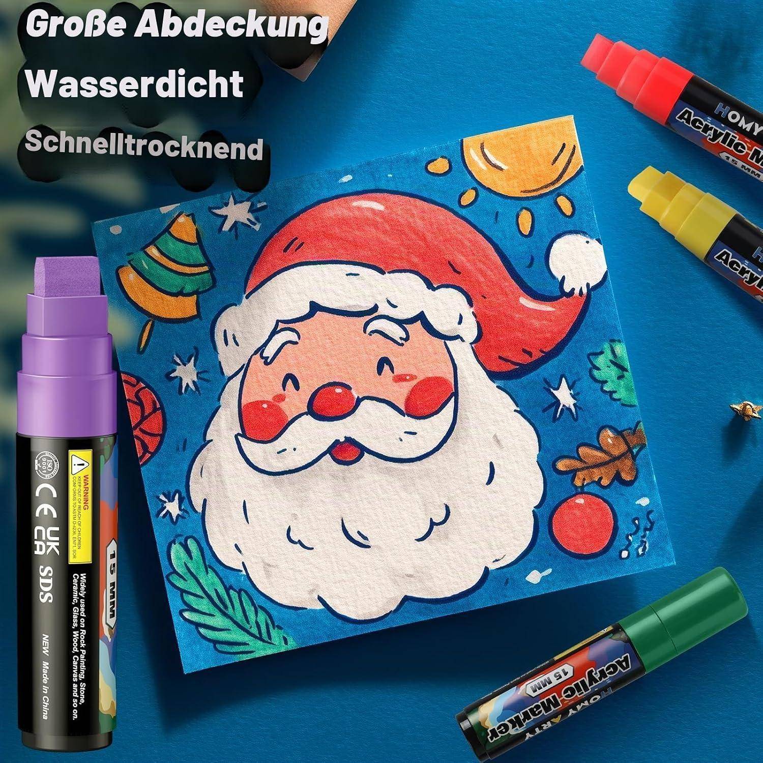Gemaltes Weihnachtsmanngesicht auf blauem Papier, umgeben von bunten Markern und deutschem Text, auf dem „Große Abdeckung