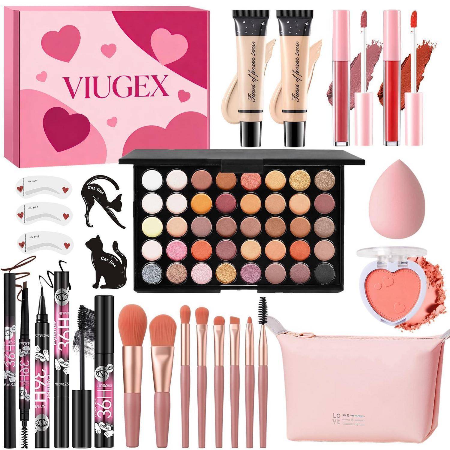 Sortiertes Make-up-Set mit VIUGEX-Box, Lidschattenpalette, Lipglosse, Foundation-Tuben, Pinseln, Eyeliner, Schwamm, Mascara und rosafarbener Kosmetiktasche.