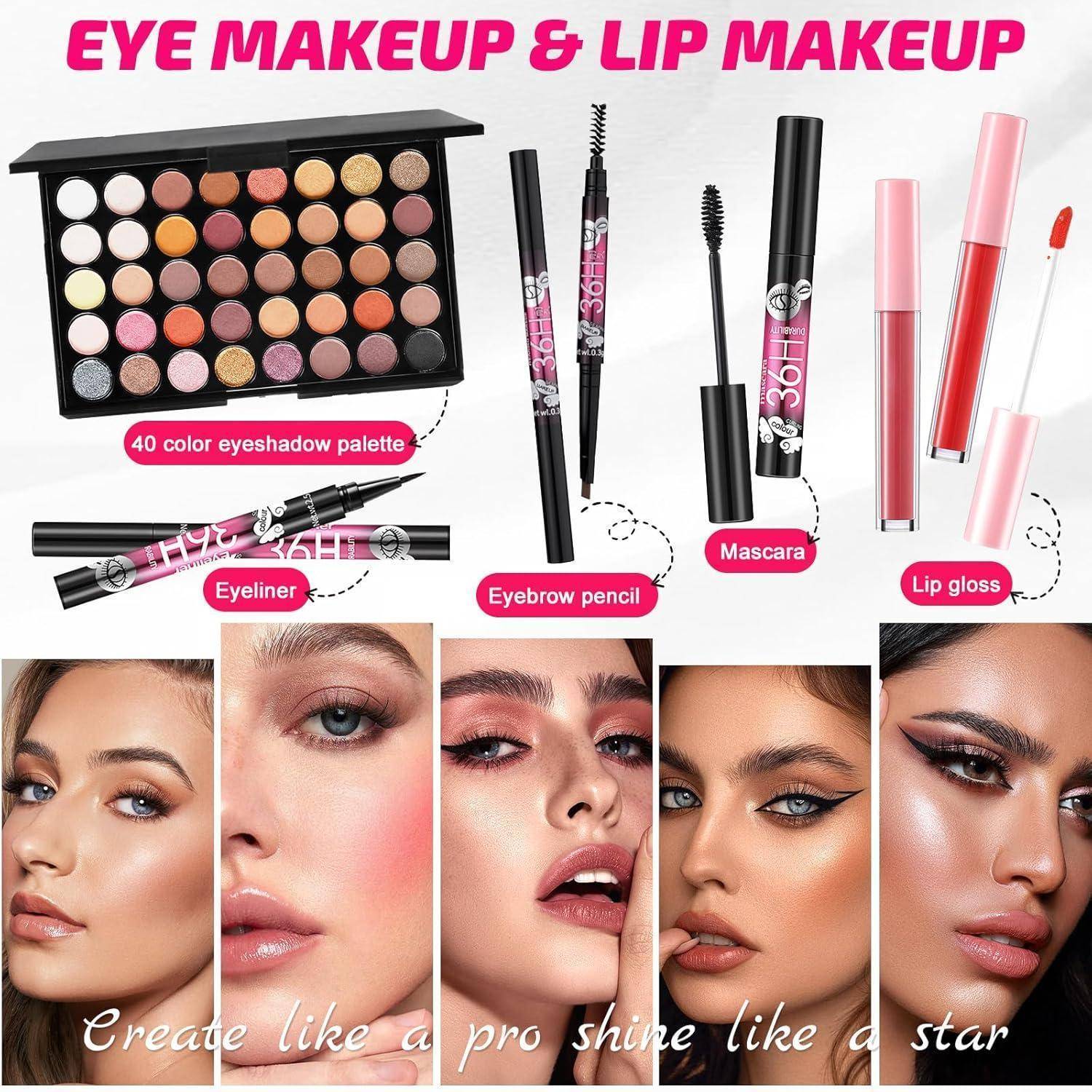 Werbe-Make-up-Collage, die eine 40-farbige Lidschattenpalette, Eyeliner, Augenbrauenstift, Mascara und Lipgloss zeigt, mit fünf glamourösen Make-up-Looks und dem Text „EYE MAKEUP & LIP MAKEUP