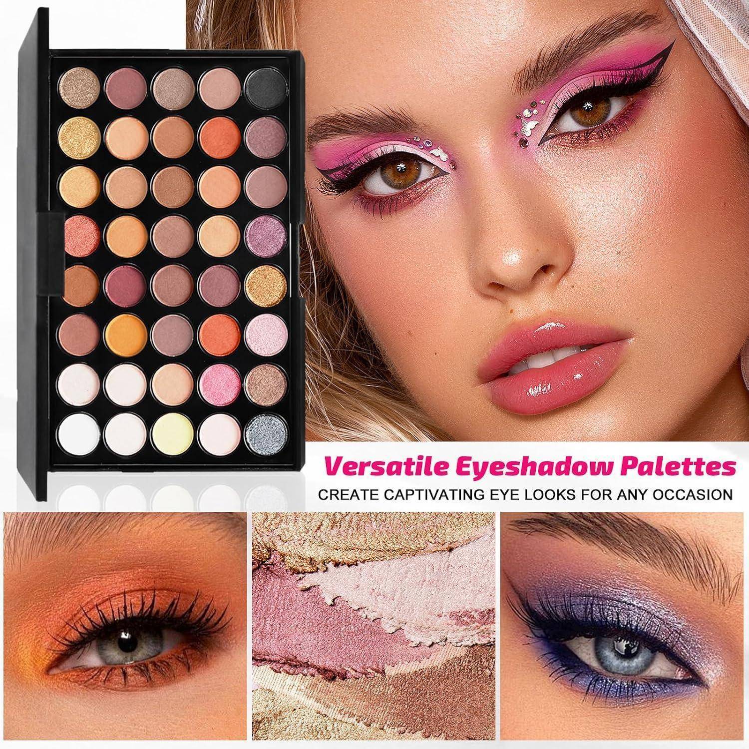 Werbung für vielseitige Lidschattenpaletten mit einer 35-Farben-Palette, einem Make-up-Modell und drei Lidschatten-Looks mit dem Text „Vielseitige Lidschattenpaletten
