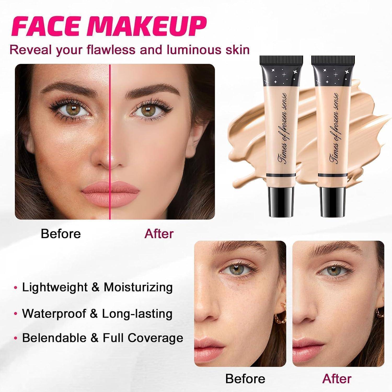 Gesichtsmake-up-Anzeige mit Vorher-Nachher-Hautabdeckung, zwei Foundation-Tuben und Aussagen: leicht, feuchtigkeitsspendend, wasserfest, langanhaltend, blendbar, vollständige Abdeckung.