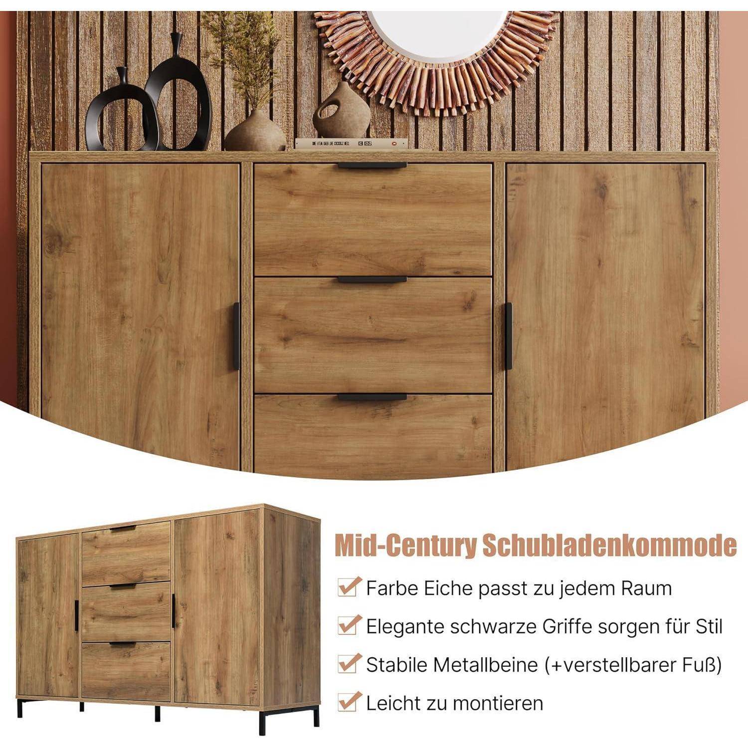 Holzkommode aus der Mitte des Jahrhunderts mit zwei Türen und drei Schubladen, schwarzen Griffen und Metallfüßen, gezeigt mit deutscher Texthervorhebung der Eichenoberfläche, des Stils, der Stabilität und der einfachen Montage.