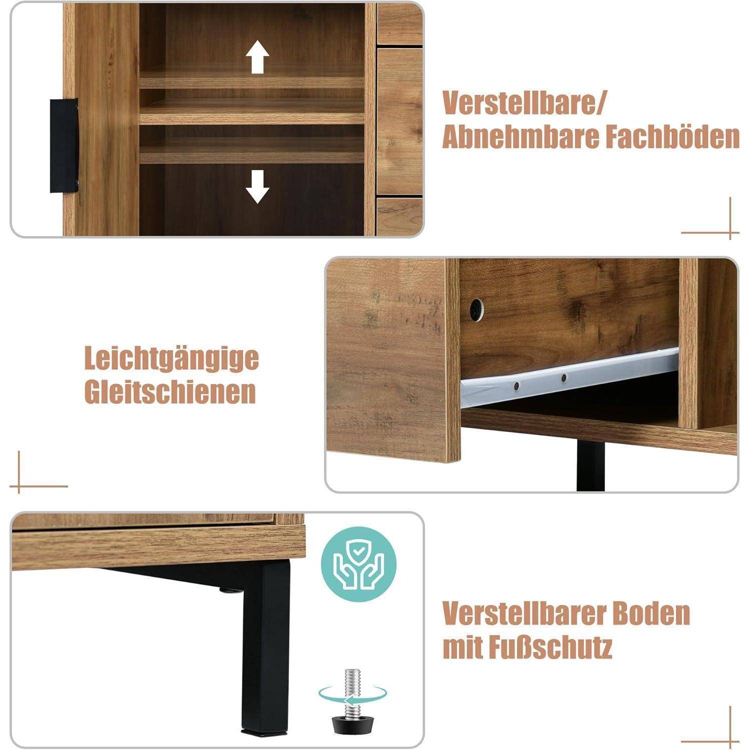 Diagramm eines Holzschranks mit verstellbaren/abnehmbaren Regalen, sanft gleitenden Schienen und einer höhenverstellbaren Basis mit Bodenschutz.
