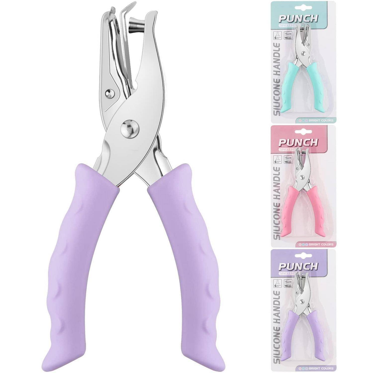 Metall-Handstanzenzange mit violetten Silikongriffen, gezeigt mit drei Einzelhandelspaket-Farbvarianten auf der rechten Seite.