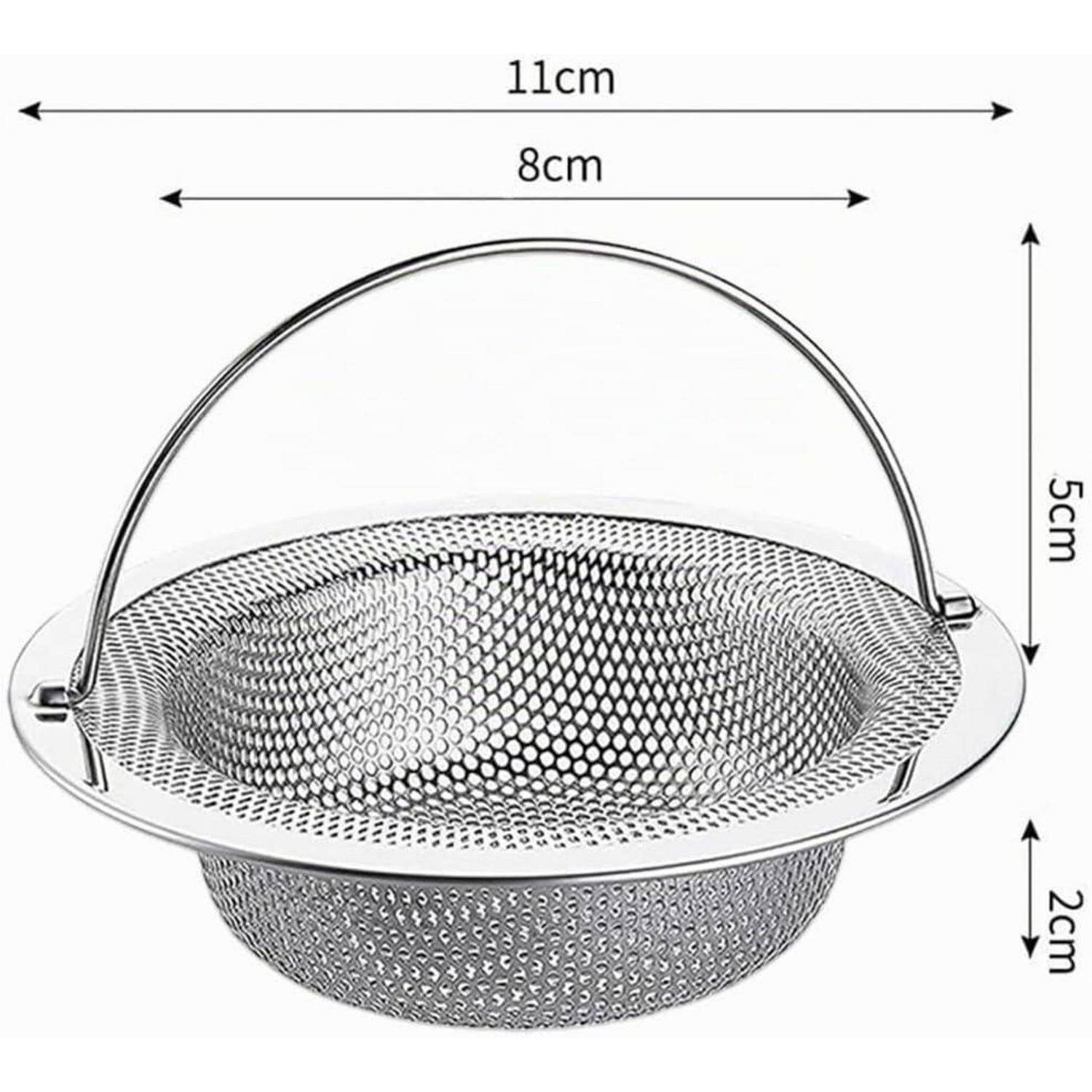 Edelstahlmaschenkörb mit Griff, dargestellt mit Abmessungen: 11 cm breit, 8 cm innere Breite, 5 cm hohe Griff, 2 cm Korbtiefe.