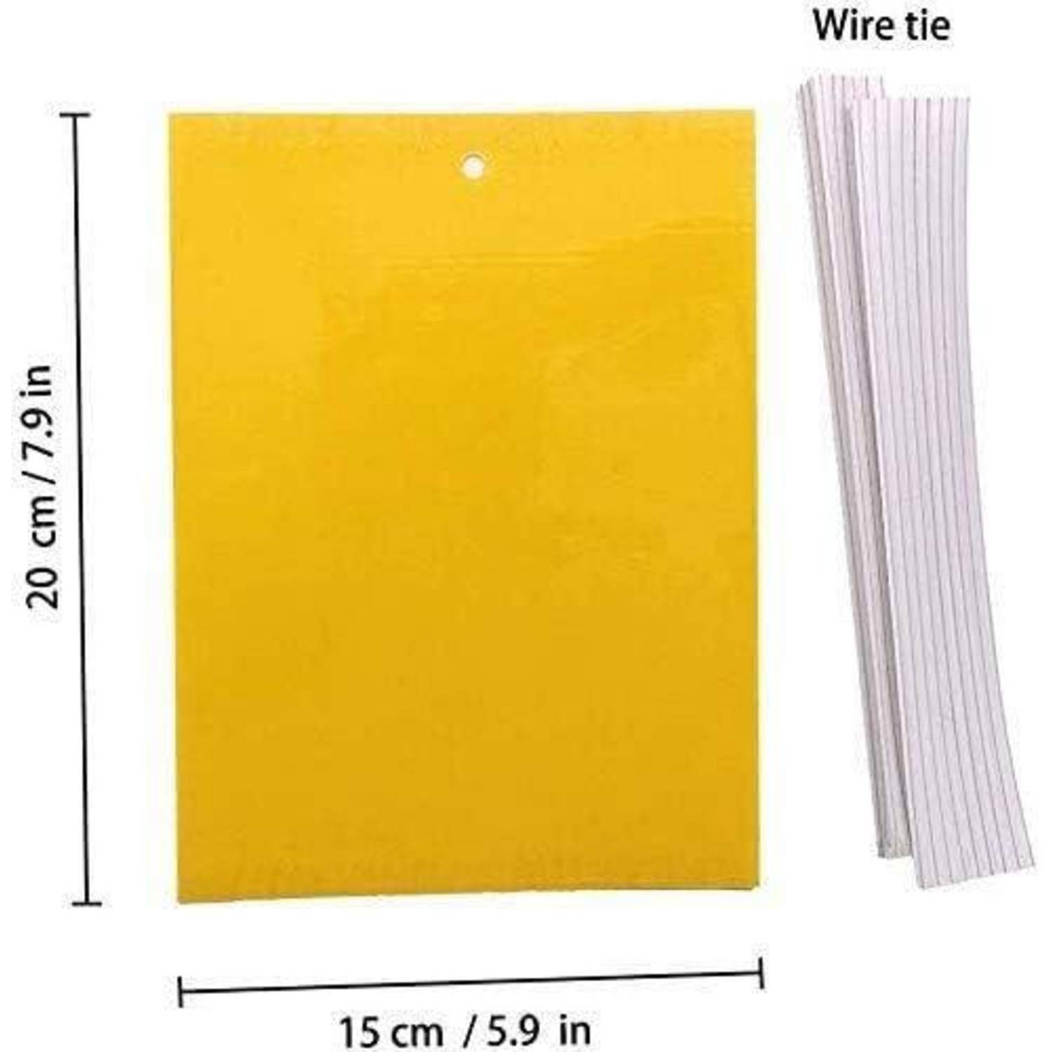 Gelbes rechteckiges Hängeschild oder Etikett mit einem Loch oben, dargestellt mit einem weißen Drahtbinder; Abmessungen beschriftet 20 cm mal 15 cm.