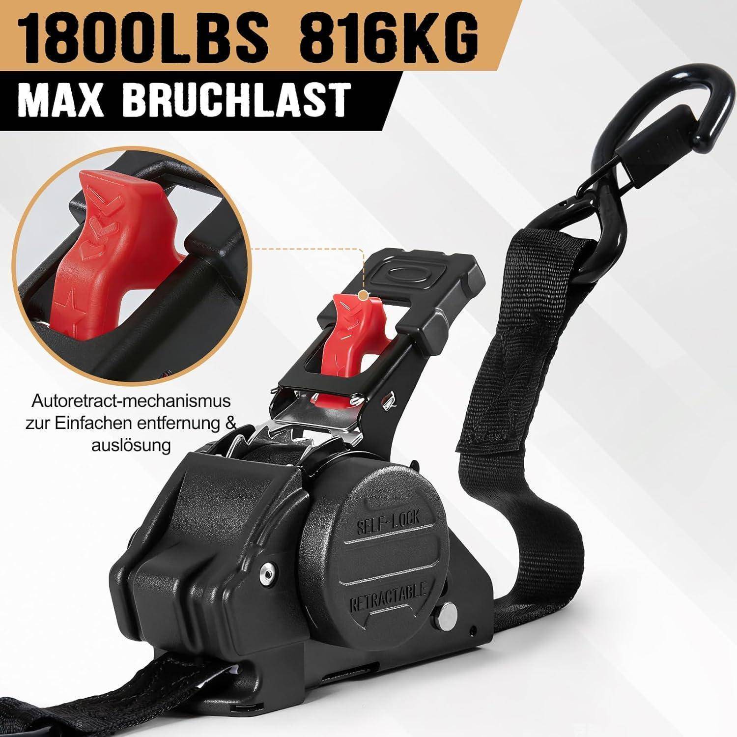 Schwarzer Ratschengurt mit Selbstaufrollmechanismus, gekennzeichnet mit „1800LBS 816KG MAX BRUCHLAST