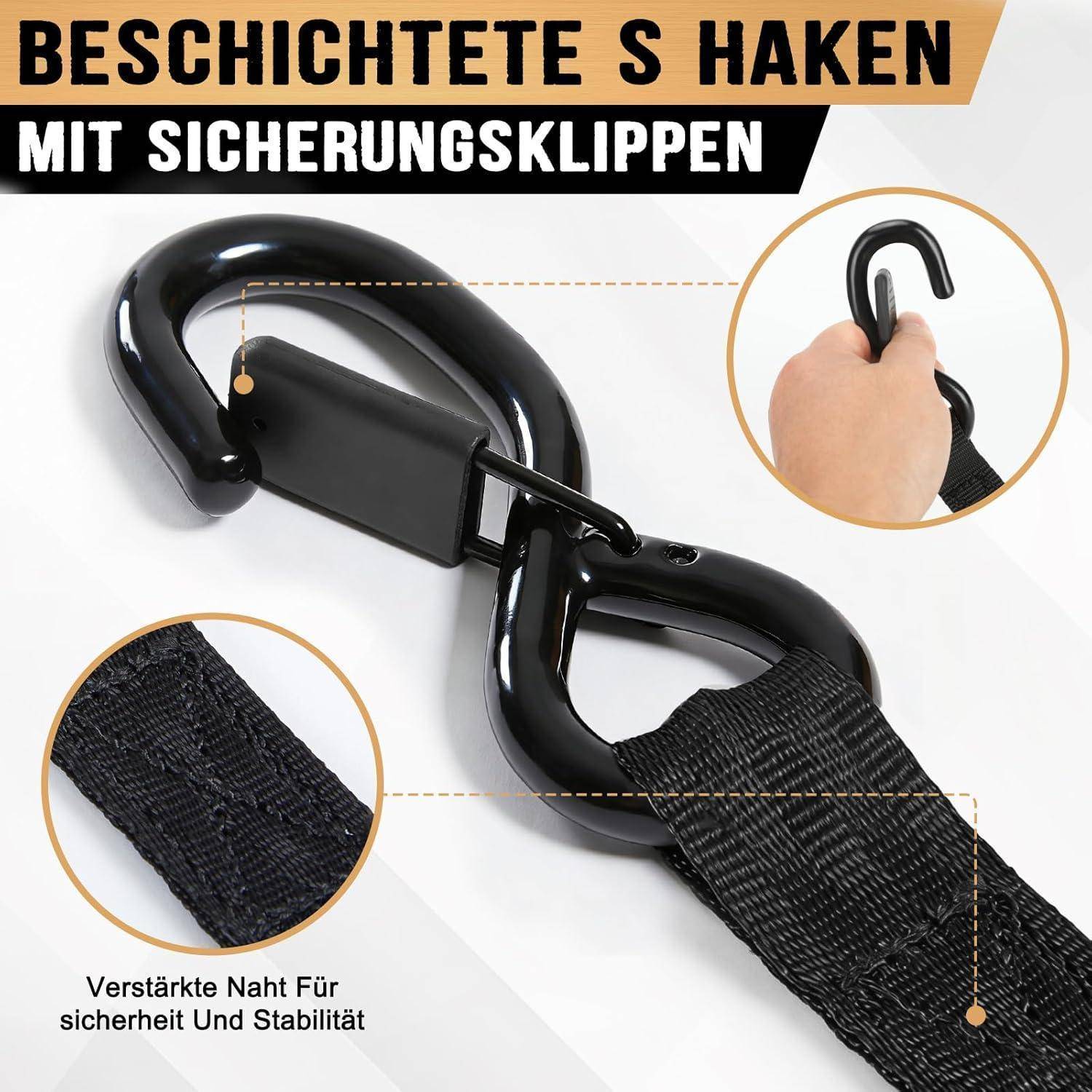 Schwarze Anhängerkupplung mit Sicherungsclips und verstärktem Riemen, gezeigt mit Nahaufnahmen der Kupplungsöffnung und genähtem Gewebeband; deutsche Textbeschriftungen kennzeichnen die Merkmale.