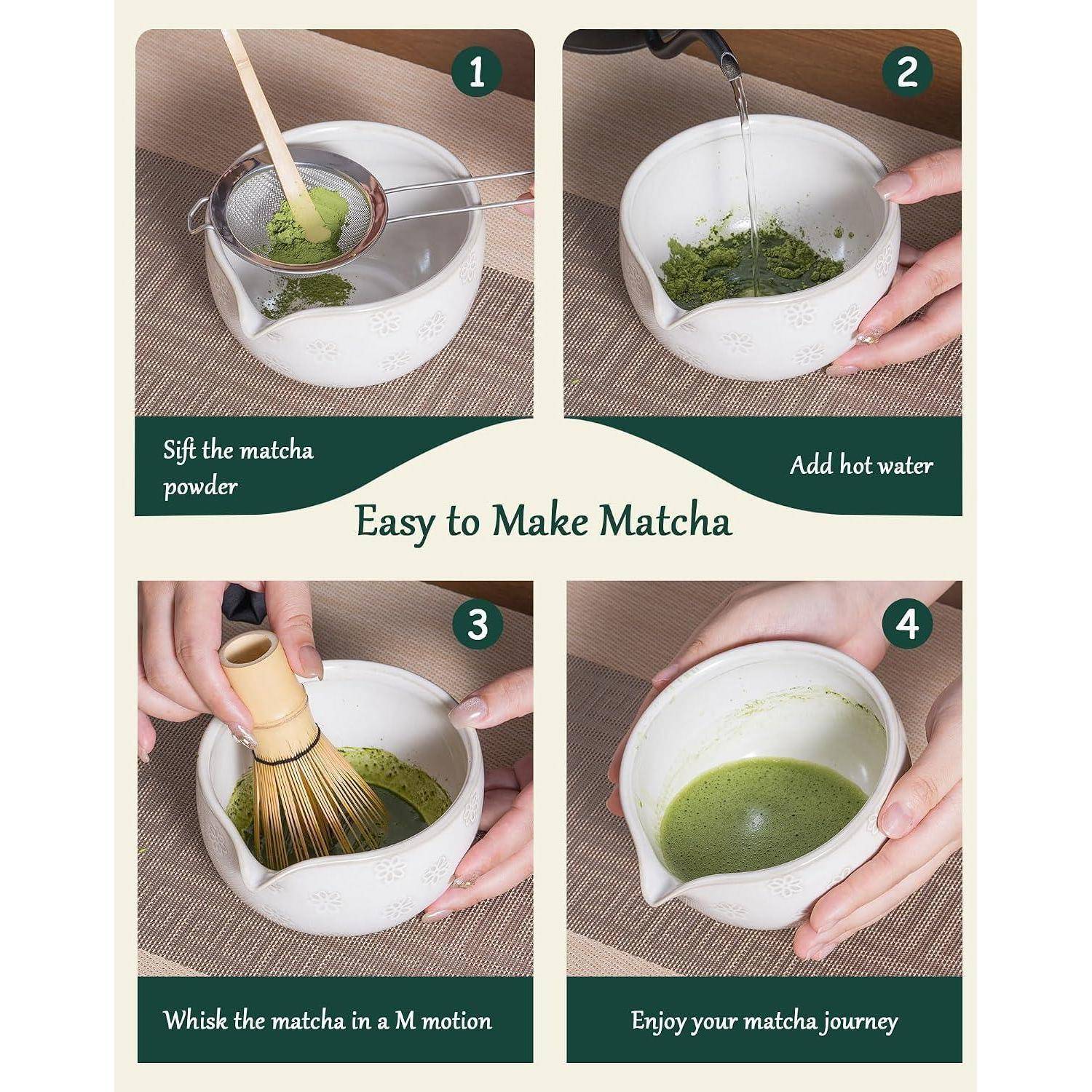 Vier-Schritte-Anleitung zur Matcha-Herstellung: Matcha-Pulver sieben, heißes Wasser hinzufügen, in einer M-Bewegung aufschlagen, dann das fertige Matcha-Getränk servieren.