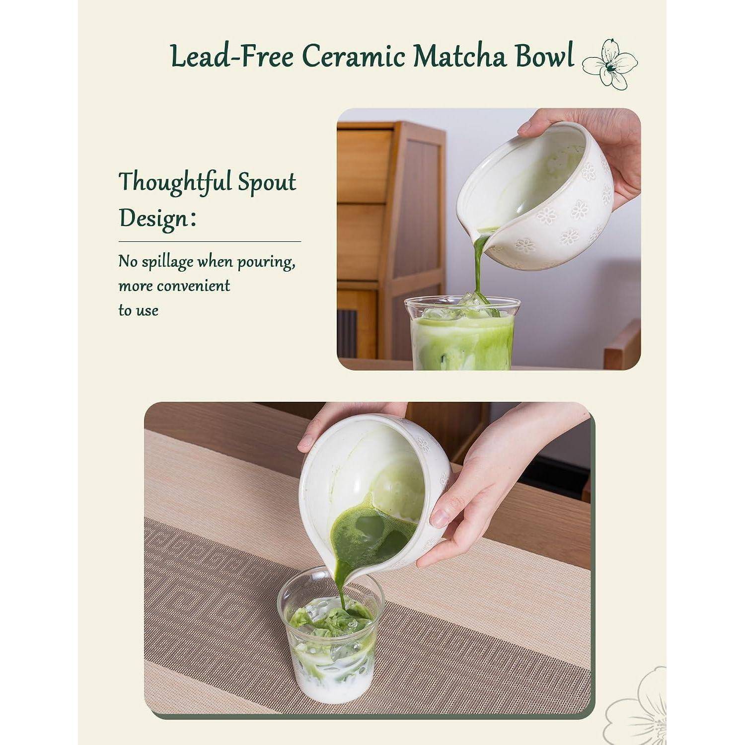 Werbegrafik für eine bleifreie keramische Matchaschale mit durchdachtem Ausguss, die zeigt, wie grünes Matcha ordentlich in ein Glas gegossen wird, ohne zu verschütten.