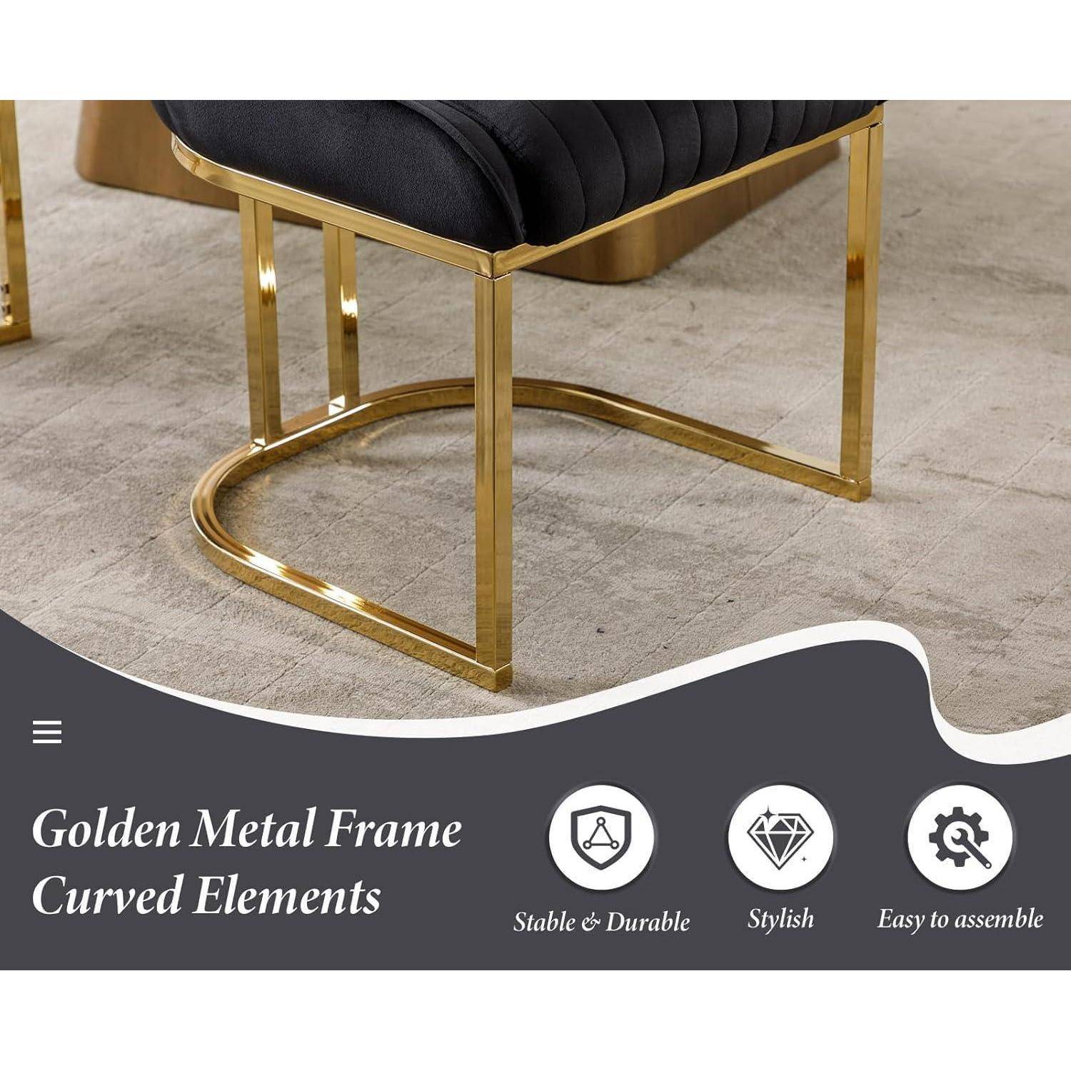 Stuhl mit goldenem Metallrahmen und schwarzem gepolstertem Sitz auf einem Teppich; Text bewirbt „Goldener Metallrahmen mit geschwungenen Elementen