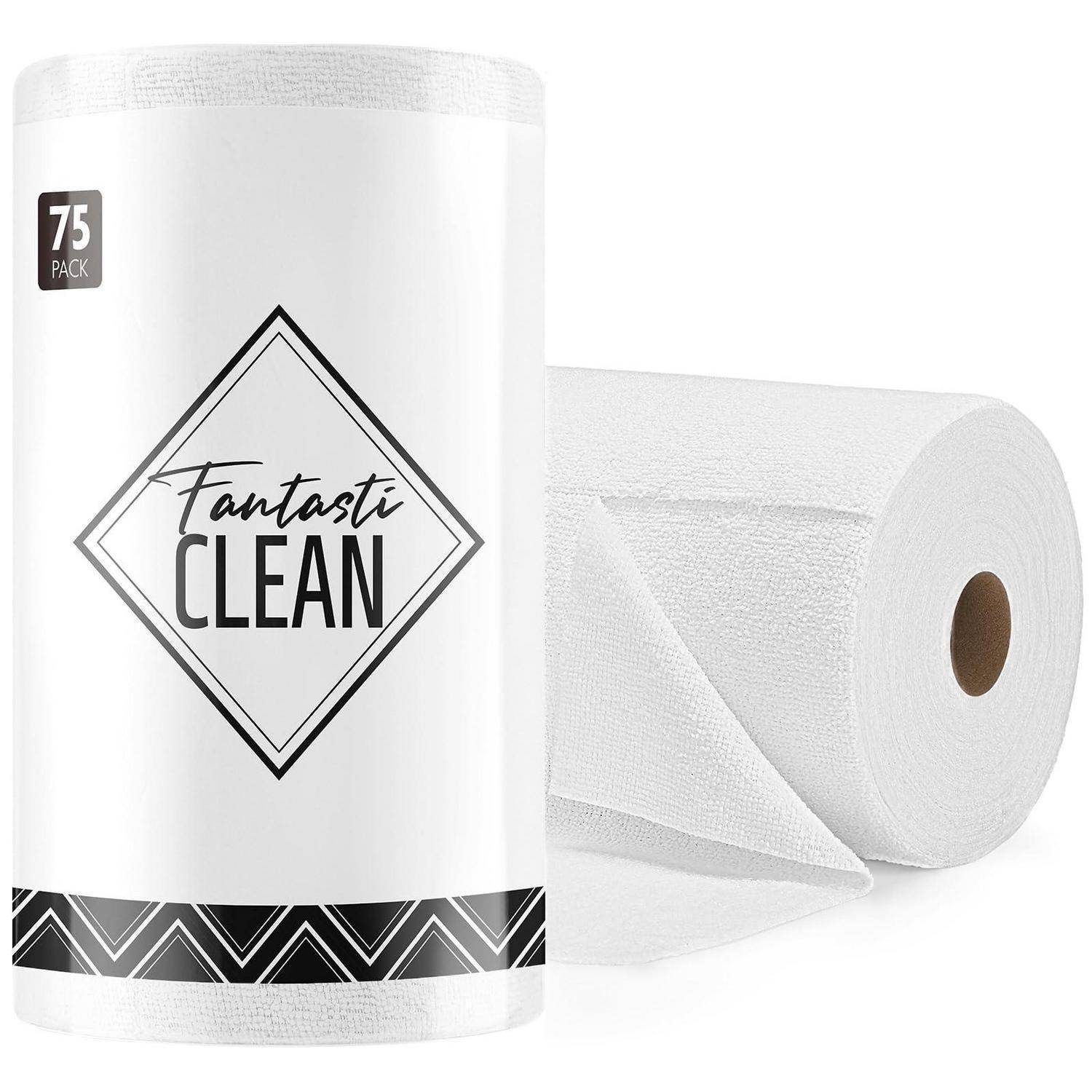 Packung Fantasti Clean Papiertücher, 75er-Packung, mit einer teilweise abgewickelten Rolle.