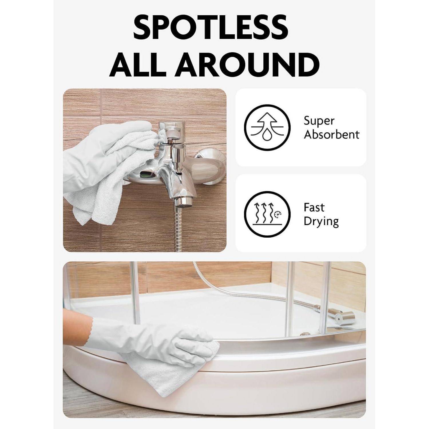 Werbebild für Reinigung mit einem weißen Handschuh, der einen Wasserhahn und eine Badewanne abwischt, mit Text "MAKELLOS RUNDHERUM"" und Symbolen für ""Super saugfähig"" und ""Schnell trocknend"".