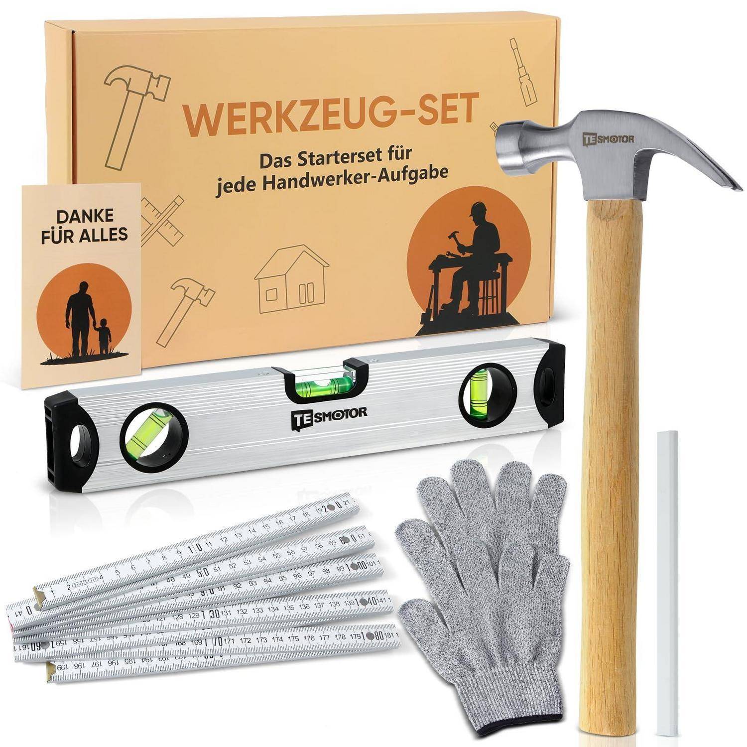 Handwerk-Anfänger-Werkzeugkasten mit Hammer, Wasserwaage, Zollstöcken, Arbeitshandschuhen und einer Kiste mit der Beschriftung „WERKZEUG-SET