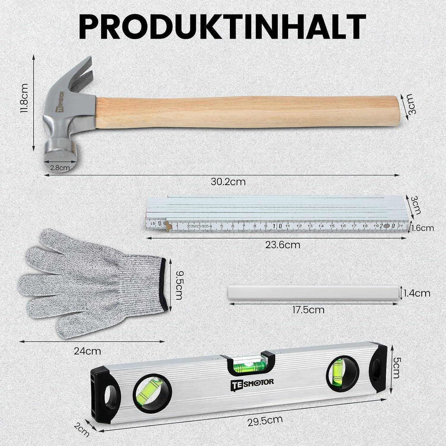 Produktinhalte Bild mit einem Hammer, 23,6 cm Lineal, Handschuhen, weißem Stab und 29,5 cm Wasserwaage mit beschrifteten Abmessungen.