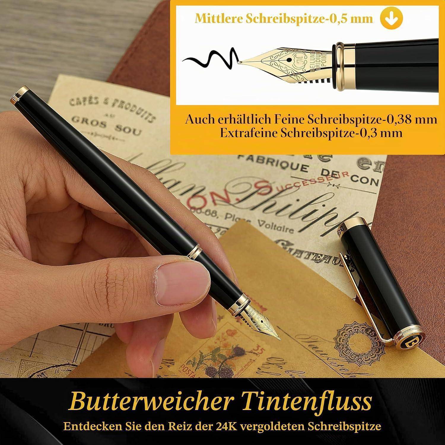 Angebot für einen schwarzen Füllhalter mit 24-Karat-vergoldeter Feder, das glatte Tintenströmung und Federgrößen von 0,5 mm, 0,38 mm und 0,3 mm zeigt.