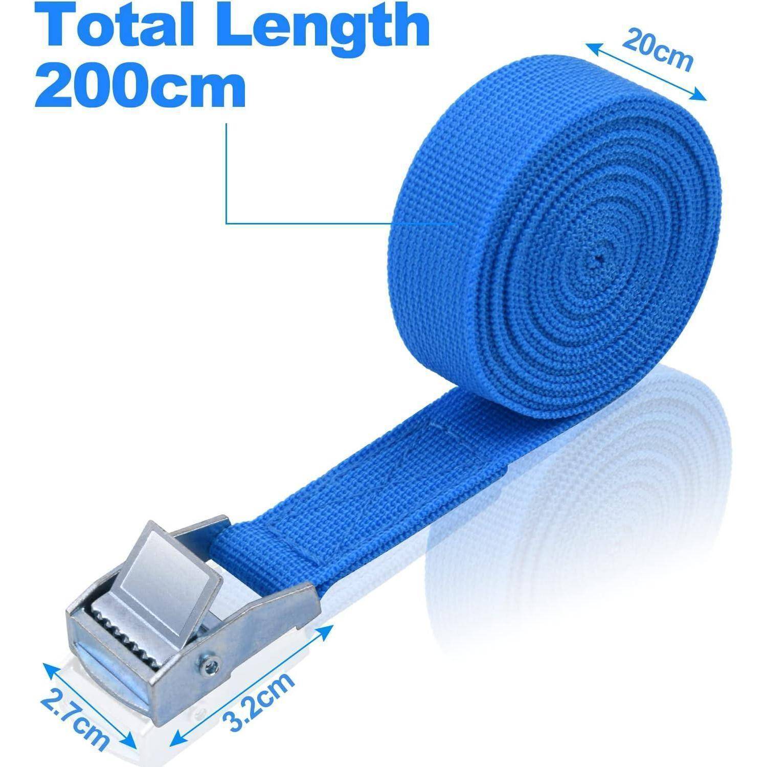 Blaue 200 cm Zurrgurt-Rolle mit Metallratschenschnalle, gekennzeichnet mit 2,7 cm Breite und 3,2 cm Schnallengröße.