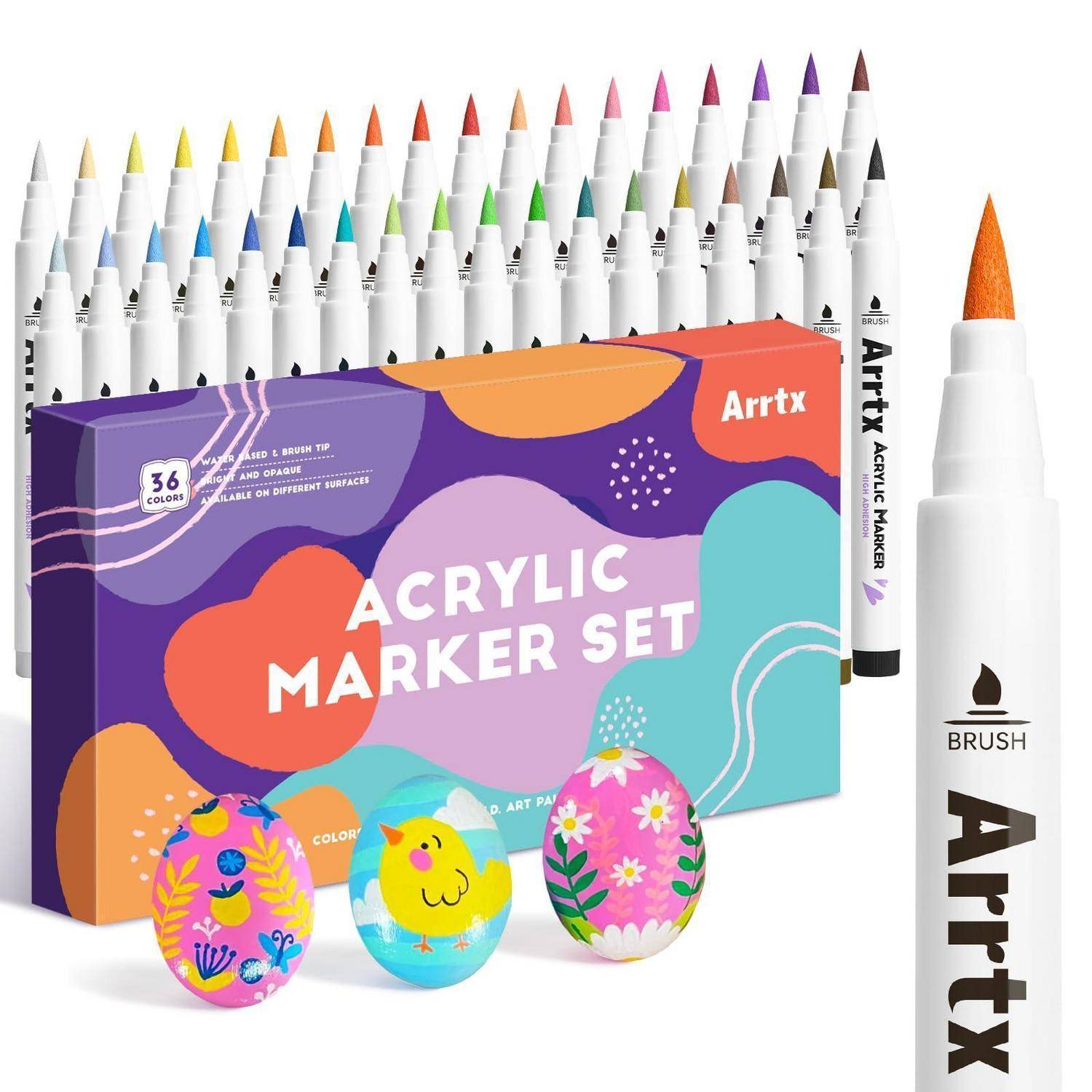 Artx Acrylmarker-Set-Verpackung mit vielen farbigen Markern, plus drei dekorierte Ostereier mit Beispieldesigns.