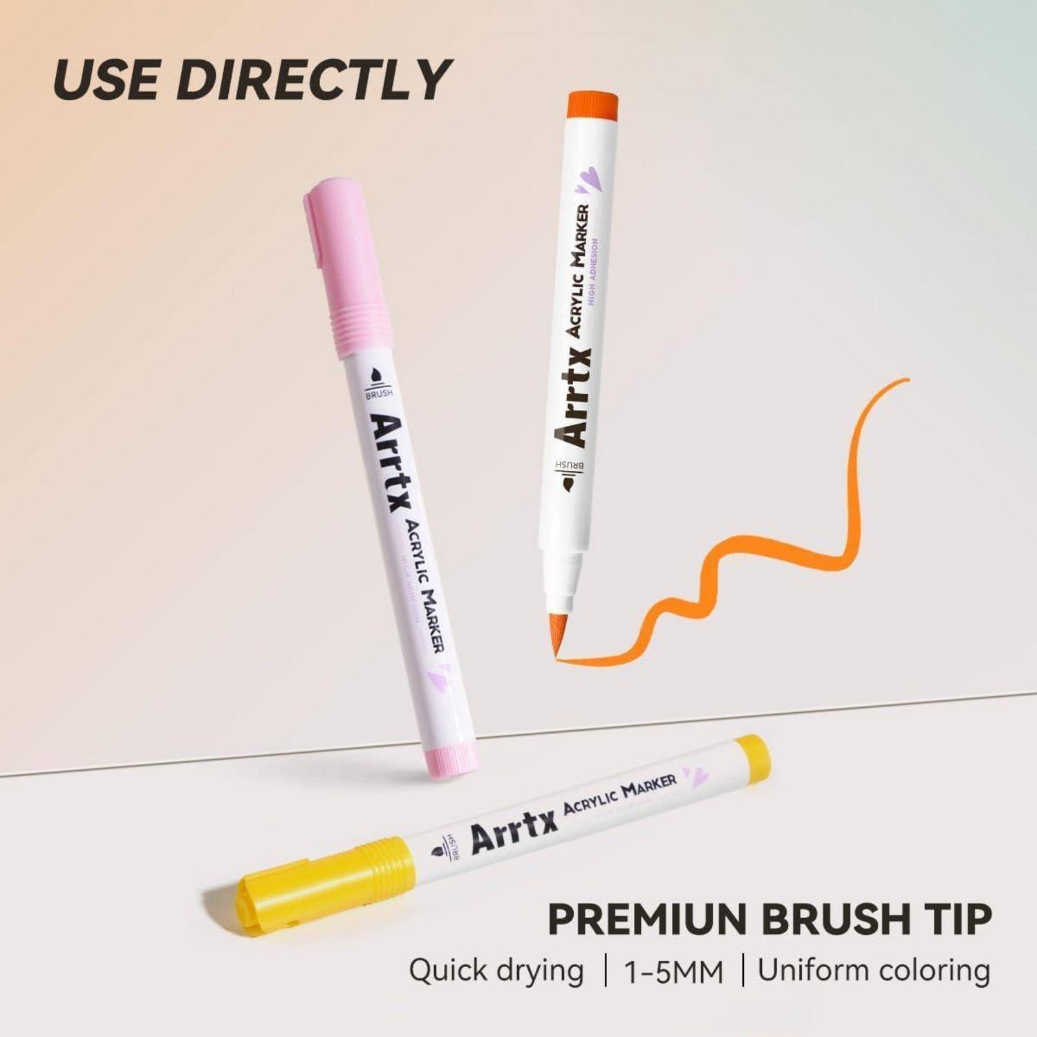 Werbung für Arttx Acrylmarker mit drei Markern und einem orangefarbenen Pinselstrich; der Text sagt „DIREKT VERWENDEN" und „PREMIUM-PINSELSPITZE"", mit schnelltrocknend, 1-5MM, gleichmäßiger Färbung.
