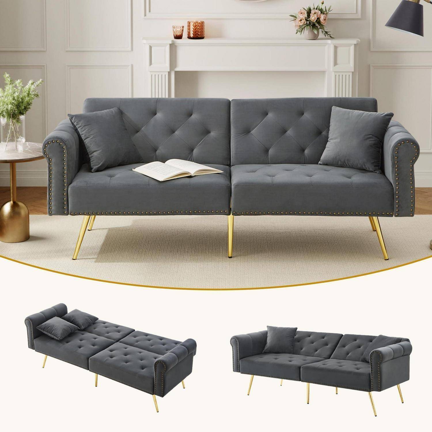 Zweisitzer Sofa mit Schlaffunktion, Samt Klappsofa mit Verstellbare Rückenlehne, Schlafcouch Ausziehbar mit 6 Vergoldeten Füßen, Kleine Sofas für