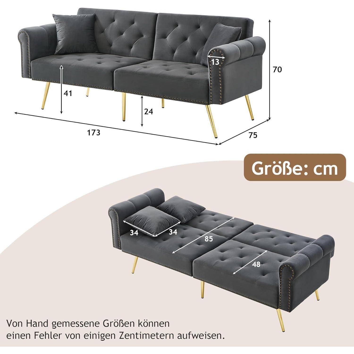 Zweisitzer Sofa mit Schlaffunktion, Samt Klappsofa mit Verstellbare Rückenlehne, Schlafcouch Ausziehbar mit 6 Vergoldeten Füßen, Kleine Sofas für