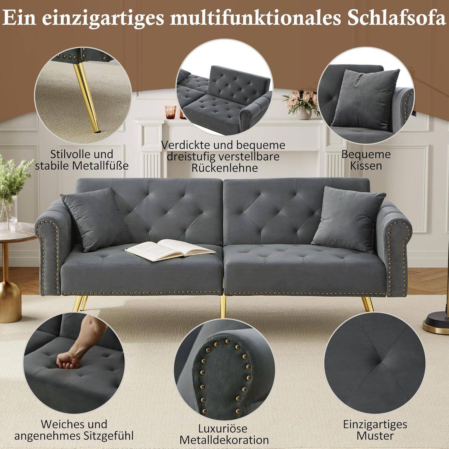 Zweisitzer Sofa mit Schlaffunktion, Samt Klappsofa mit Verstellbare Rückenlehne, Schlafcouch Ausziehbar mit 6 Vergoldeten Füßen, Kleine Sofas für