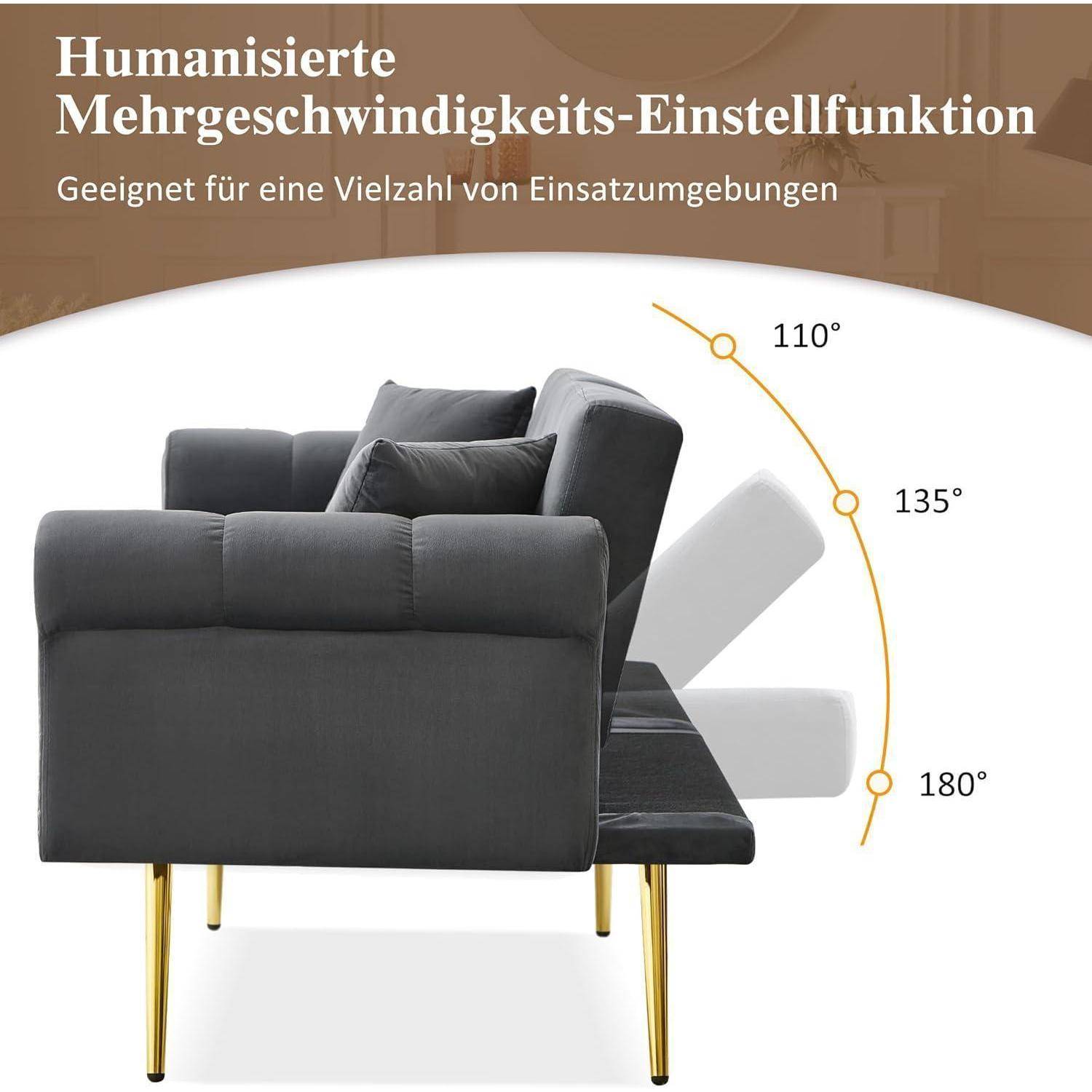 Zweisitzer Sofa mit Schlaffunktion, Samt Klappsofa mit Verstellbare Rückenlehne, Schlafcouch Ausziehbar mit 6 Vergoldeten Füßen, Kleine Sofas für
