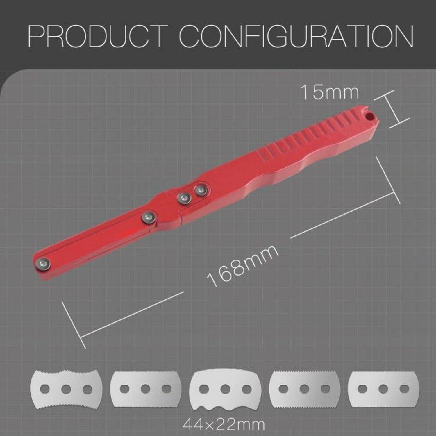 Produktkonfigurationsdiagramm eines roten tragbaren Werkzeugs, das eine Länge von 168 mm, eine Breite von 15 mm und austauschbare graue Klingenformen mit den Abmessungen 44 x 22 mm zeigt.