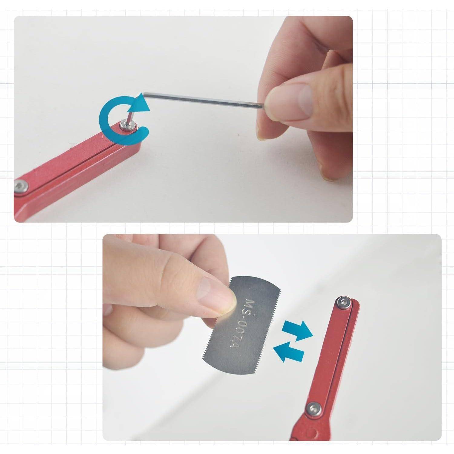 Zwei-Schritte-Diagramm zeigt eine Hand, die eine kleine Schraube mit einem Innensechskantschlüssel dreht, und dann ein Metallblatt zum Hebeln oder Entfernen des roten Werkzeugteils verwendet.