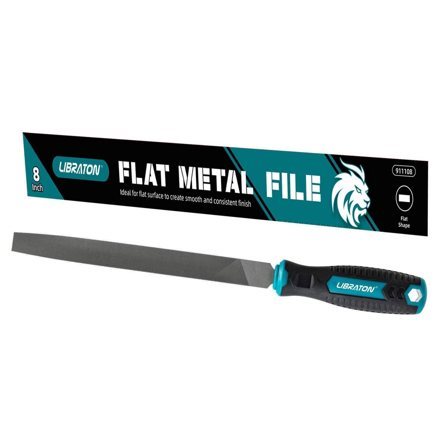 Eine 8 Zoll flache Metallfeilte mit einem schwarz-türkisfarbenen Griff, gezeigt mit ihrer Markenverpackung auf weißem Hintergrund.