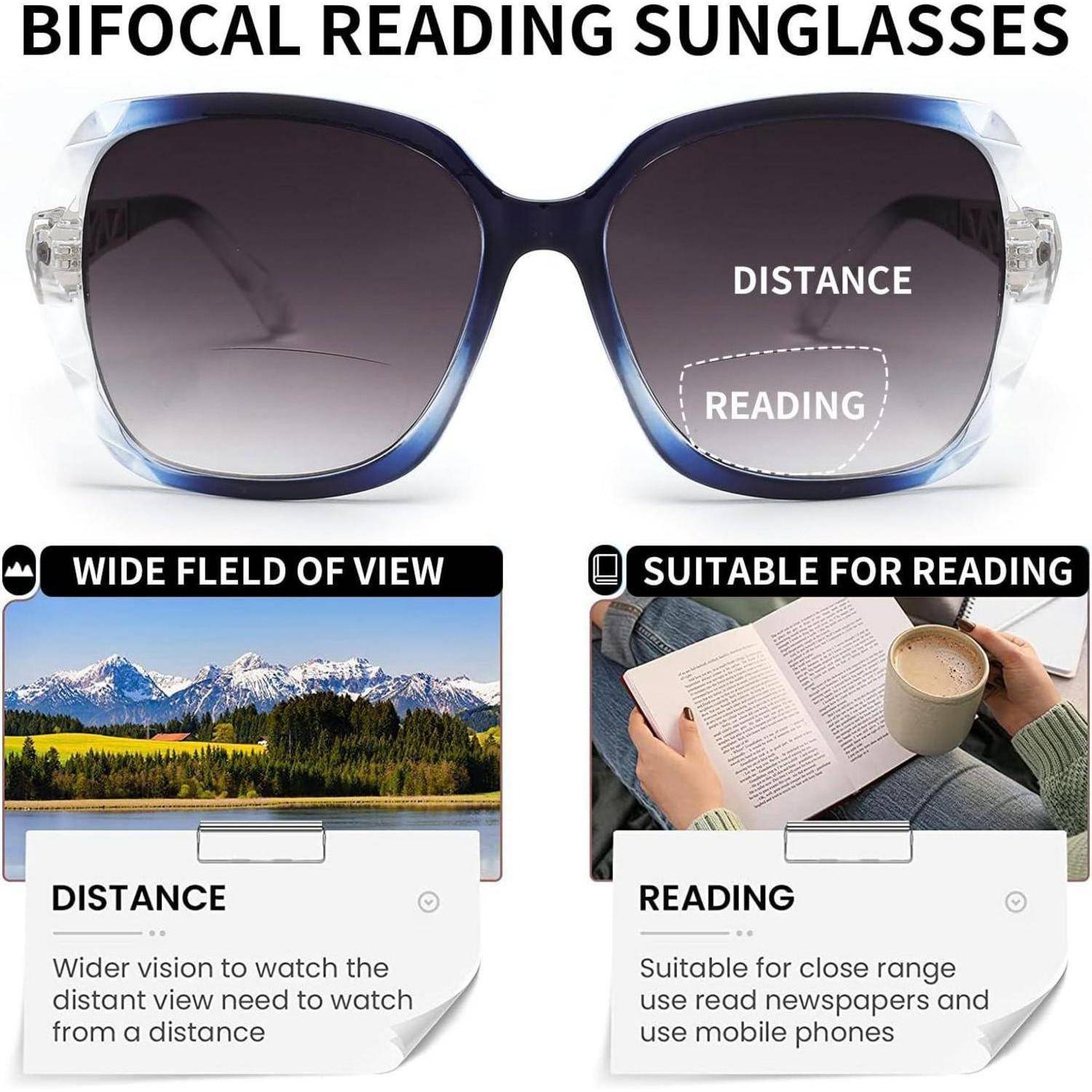 Bifokal-Lessonnenbrille mit Distanzgläsern oben und Lesegläsern unten, dargestellt mit breitem Sichtfeld für Beispiele von Fern- und Nahsicht zum Lesen.