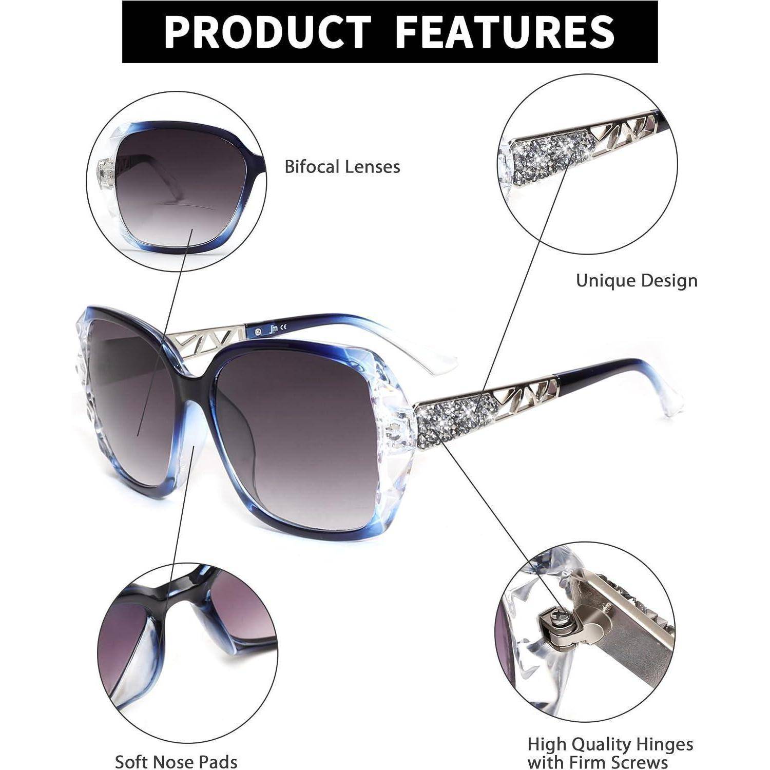 Produktmerkmale-Diagramm von Sonnenbrillen mit blauem Rahmen, bifokalen Gläsern, einzigartigen gemusterten Bügeln, weichen Nasenpads und hochwertigen Scharnieren mit festen Schrauben.