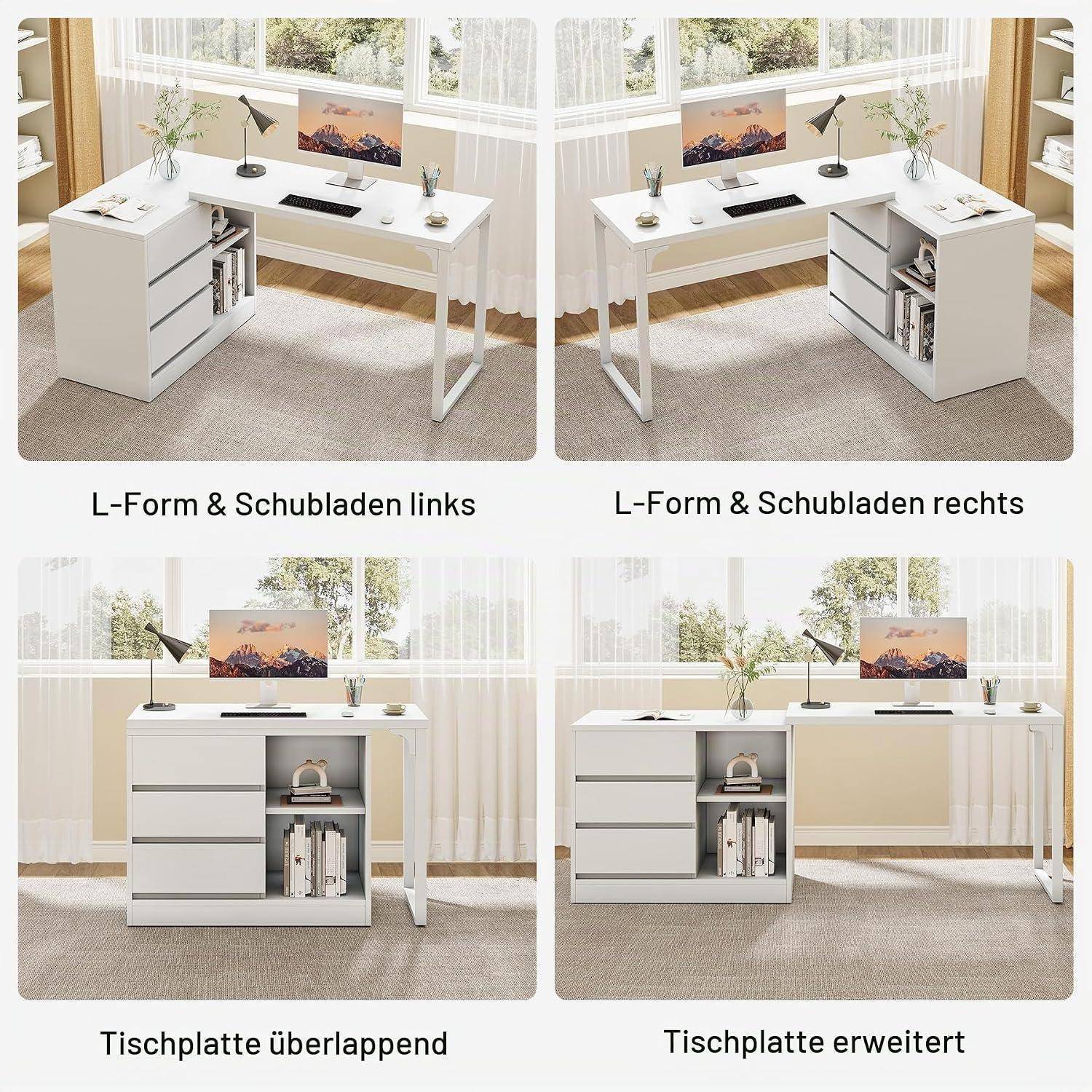 Tribesigns Schreibtisch, L-förmiger Computertisch mit Schubladen und Regalen, wendbarer weißer Eckschreibtisch mit Aufbewahrungsschrank, moderner Ar