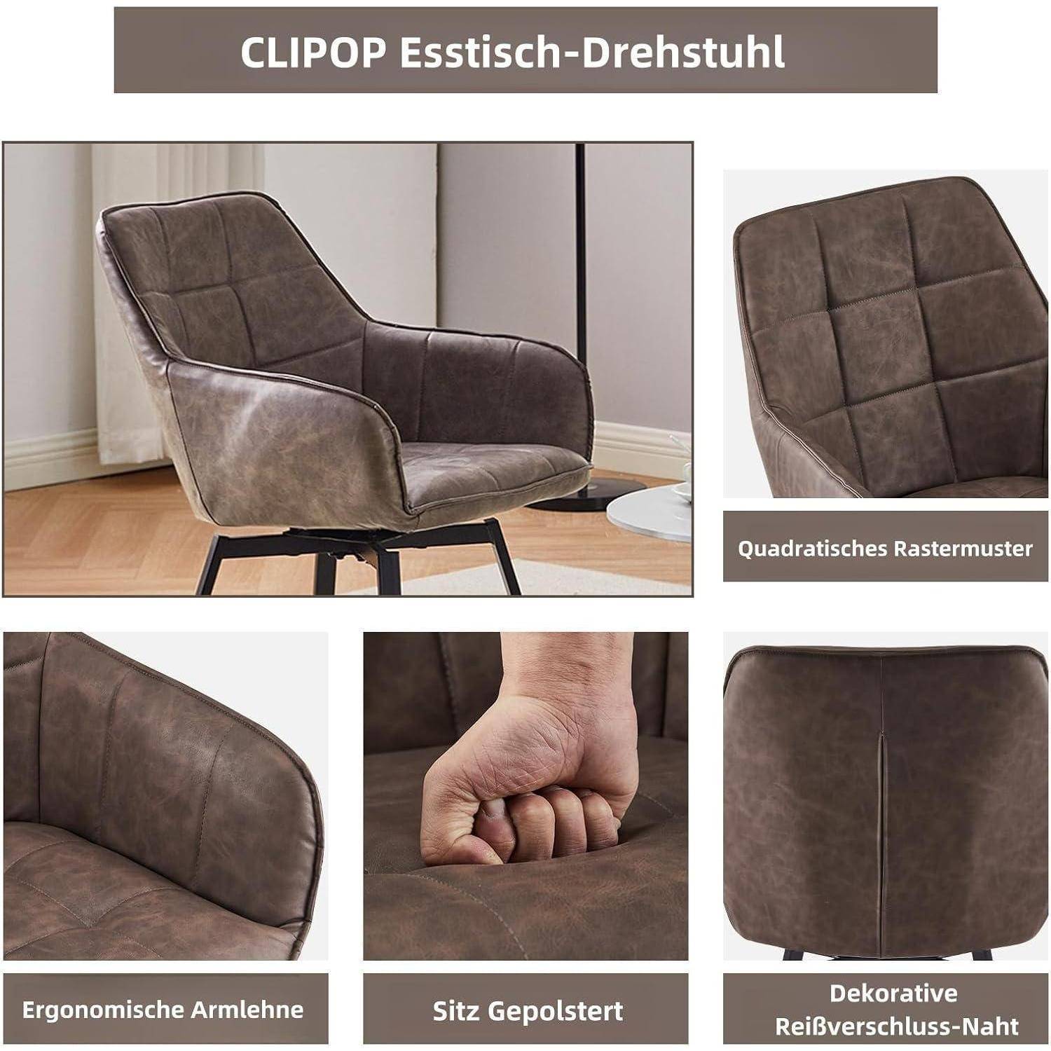 Collage eines braunen CLIPOP Swivel Dining Chair mit vollständiger Ansicht des Stuhls und Nahaufnahmen der gesteppten Rückenlehne, gepolstertem Sitz, ergonomischen Armlehnen und dekorativer Nähmaschine.