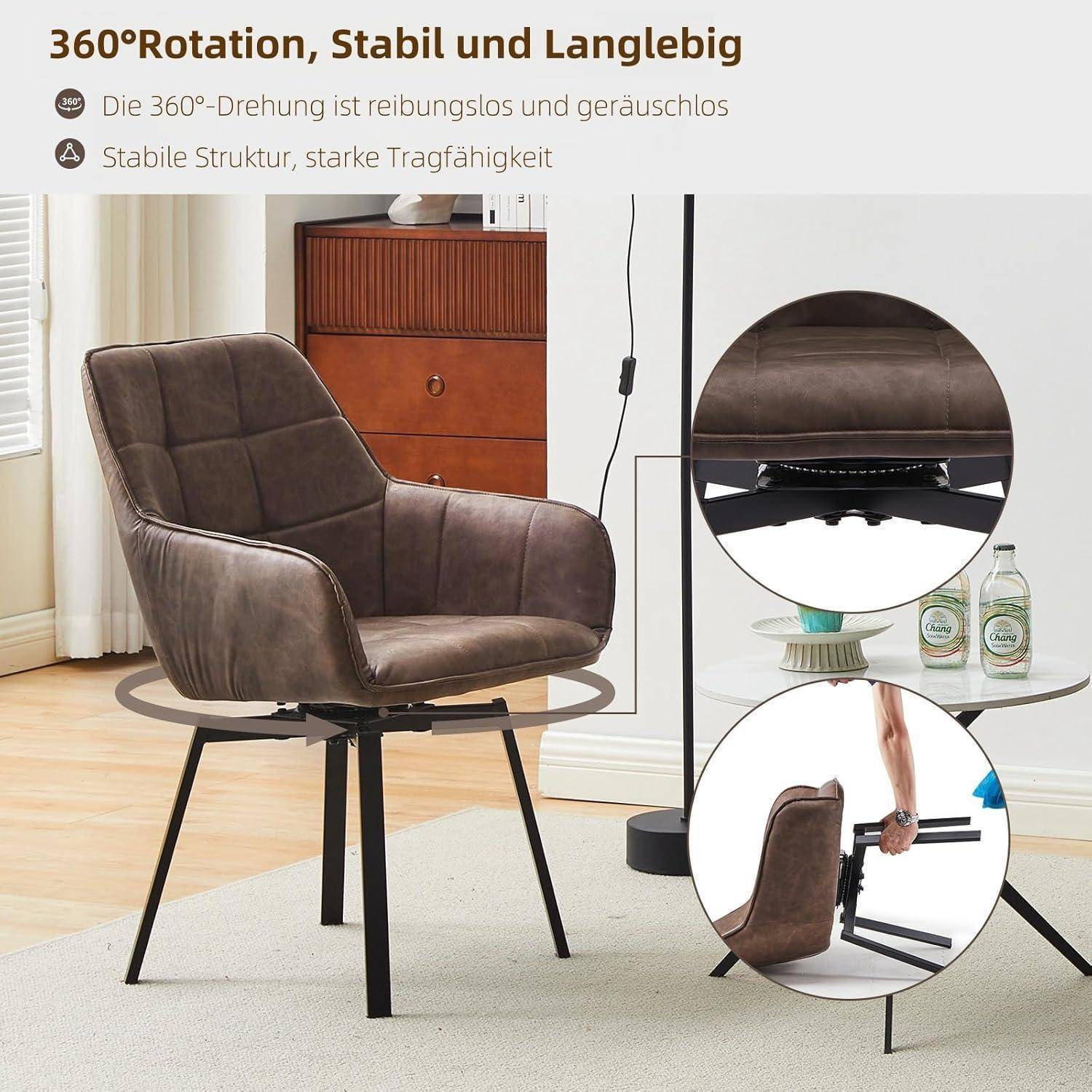 Braun gepolsterter Drehsessel mit schwarzem Metallgestell in einem Wohnzimmer, gezeigt mit eingefügten Nahaufnahmen, die die 360-Grad-Drehung und stabile Konstruktion hervorheben.