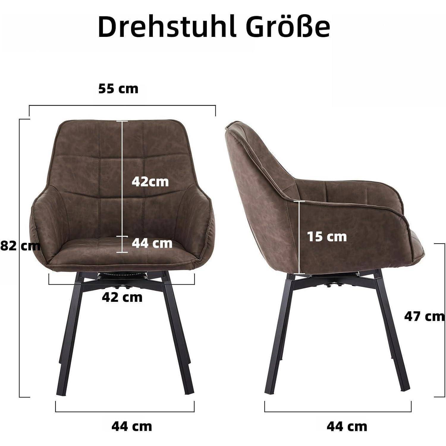 Größendiagramm eines braunen Drehstuhls mit Vorder- und Seitenansicht und folgenden Abmessungen: 55 cm Breite, 82 cm Höhe, 44 cm Sitzbreite, 42 cm Sitztiefe, 15 cm Armlehnenhöhe und 47 cm Beinhöhe.